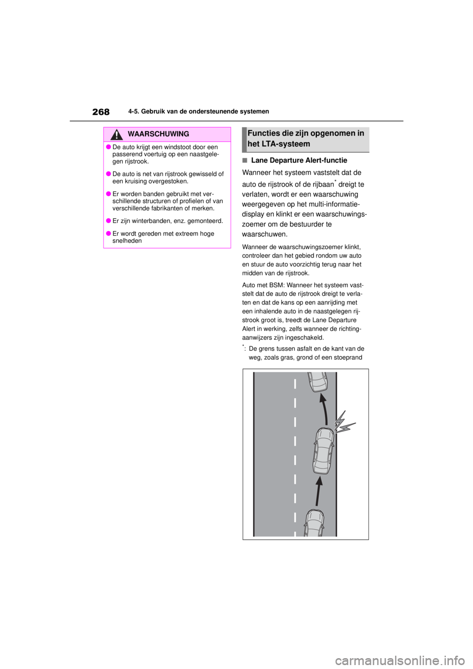 TOYOTA COROLLA HYBRID 2021  Instructieboekje (in Dutch) 2684-5. Gebruik van de ondersteunende systemen
COROLLA HV_TMMT_EE
■Lane Departur e Alert-functie
Wanneer het systeem vaststelt dat de 
auto de rijstrook of de rijbaan
* dreigt te 
verlaten, wordt er TOYOTA COROLLA HYBRID 2021  Instructieboekje (in Dutch) 2684-5. Gebruik van de ondersteunende systemen
COROLLA HV_TMMT_EE
■Lane Departur e Alert-functie
Wanneer het systeem vaststelt dat de 
auto de rijstrook of de rijbaan
* dreigt te 
verlaten, wordt er