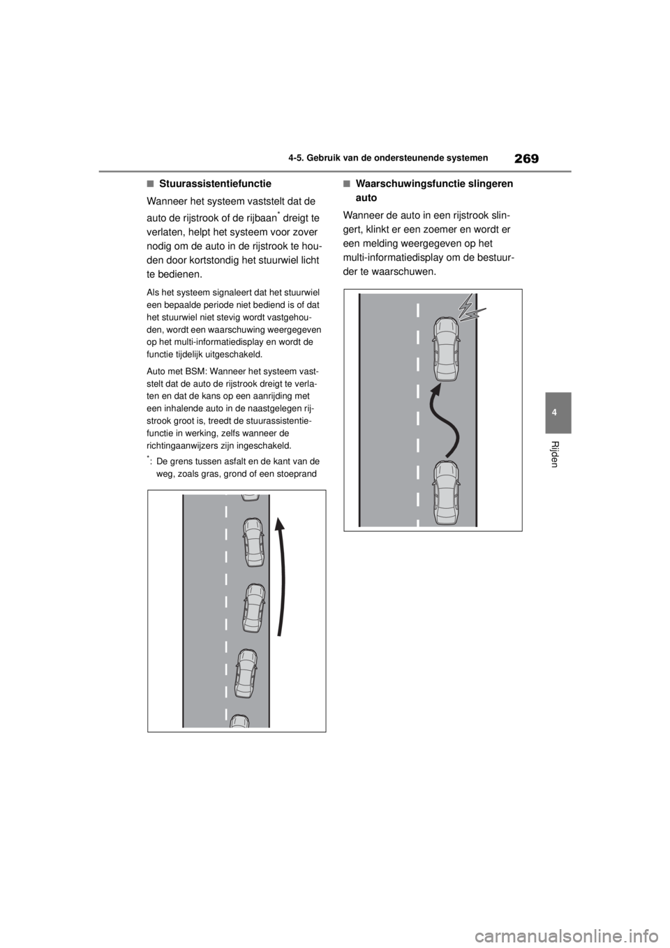 TOYOTA COROLLA HYBRID 2021  Instructieboekje (in Dutch) 269
4
4-5. Gebruik van de ondersteunende systemen
Rijden
COROLLA HV_TMMT_EE
■Stuurassistentiefunctie
Wanneer het systeem vaststelt dat de 
auto de rijstrook of de rijbaan
* dreigt te 
verlaten, help TOYOTA COROLLA HYBRID 2021  Instructieboekje (in Dutch) 269
4
4-5. Gebruik van de ondersteunende systemen
Rijden
COROLLA HV_TMMT_EE
■Stuurassistentiefunctie
Wanneer het systeem vaststelt dat de 
auto de rijstrook of de rijbaan
* dreigt te 
verlaten, help