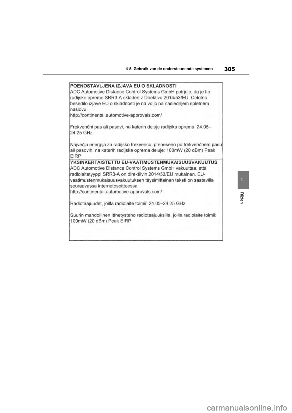 TOYOTA COROLLA HYBRID 2021  Instructieboekje (in Dutch) 305
4
4-5. Gebruik van de ondersteunende systemen
Rijden
COROLLA HV_TMMT_EE
COROLLA-HYBRID(TMMT)_OM_Europe_OM12P19E.book  
Page 305  Tuesday, August 25, 2020  9:11 AM 