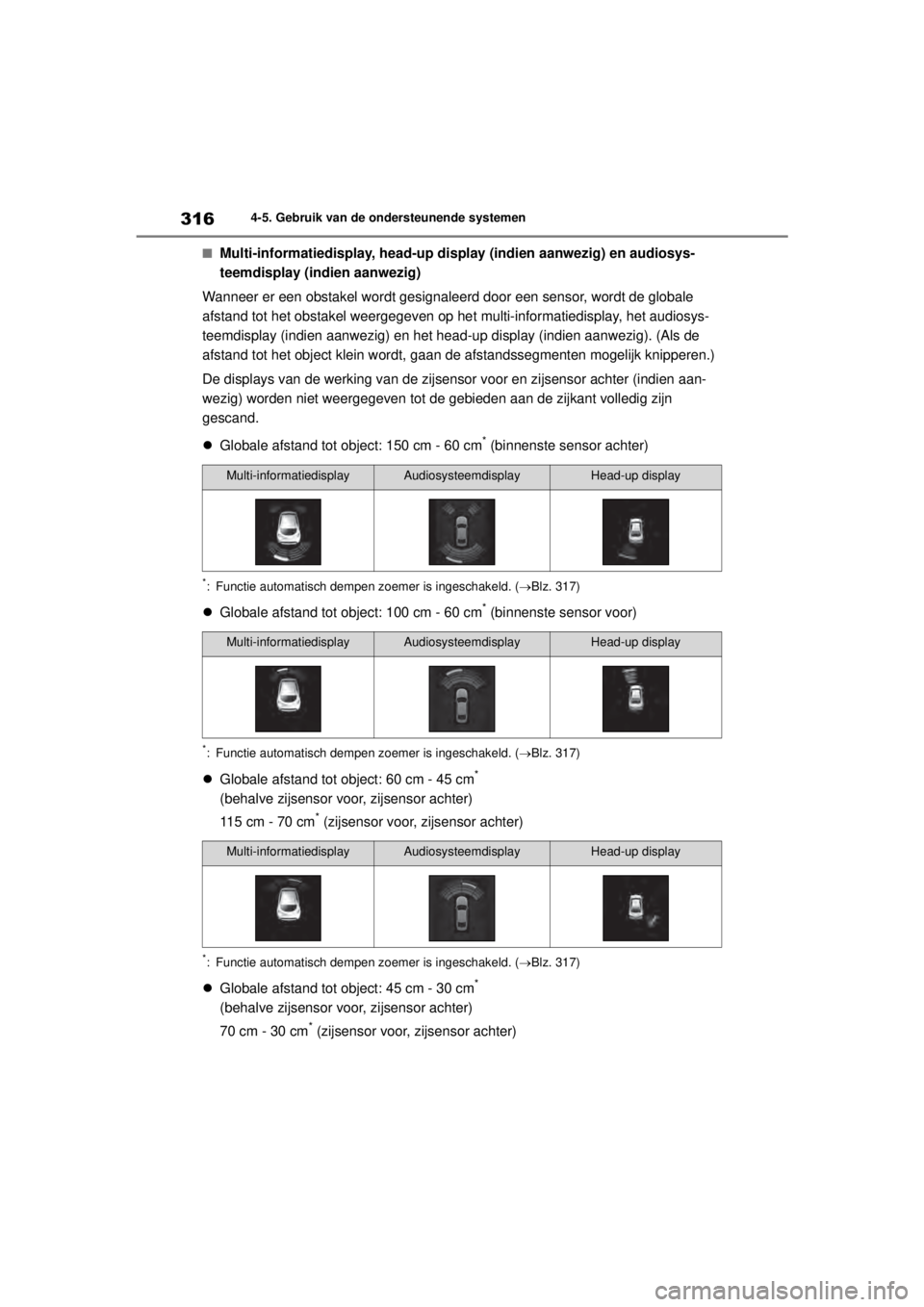 TOYOTA COROLLA HYBRID 2021 Instructieboekje (in Dutch) 3164-5. Gebruik van de ondersteunende systemen
COROLLA HV_TMMT_EE
■Multi-informatiedisplay, head-up di splay (indien aanwezig) en audiosys-
teemdisplay (indien aanwezig)
Wanneer er een obstakel word TOYOTA COROLLA HYBRID 2021 Instructieboekje (in Dutch) 3164-5. Gebruik van de ondersteunende systemen
COROLLA HV_TMMT_EE
■Multi-informatiedisplay, head-up di splay (indien aanwezig) en audiosys-
teemdisplay (indien aanwezig)
Wanneer er een obstakel word