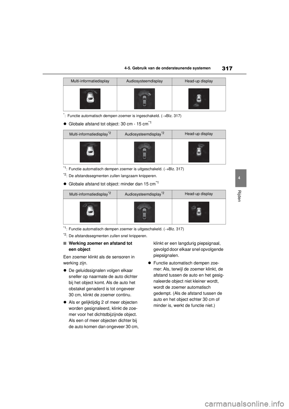 TOYOTA COROLLA HYBRID 2021 Instructieboekje (in Dutch) 317
4
4-5. Gebruik van de ondersteunende systemen
Rijden
COROLLA HV_TMMT_EE
*: Functie automatisch dempen z
oemer is ingeschakeld. (Blz. 317)
Globale afstand tot ob ject: 30 cm - 15 cm*1
*1: Fu TOYOTA COROLLA HYBRID 2021 Instructieboekje (in Dutch) 317
4
4-5. Gebruik van de ondersteunende systemen
Rijden
COROLLA HV_TMMT_EE
*: Functie automatisch dempen z
oemer is ingeschakeld. (Blz. 317)
Globale afstand tot ob ject: 30 cm - 15 cm*1
*1: Fu