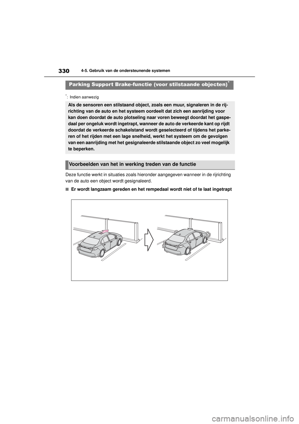 TOYOTA COROLLA HYBRID 2021 Instructieboekje (in Dutch) 3304-5. Gebruik van de ondersteunende systemen
COROLLA HV_TMMT_EE
*: Indien aanwezig
Deze functie werkt in situaties zoals hi eronder aangegeven wanneer in de rijrichting
van de auto een object wordt TOYOTA COROLLA HYBRID 2021 Instructieboekje (in Dutch) 3304-5. Gebruik van de ondersteunende systemen
COROLLA HV_TMMT_EE
*: Indien aanwezig
Deze functie werkt in situaties zoals hi eronder aangegeven wanneer in de rijrichting
van de auto een object wordt