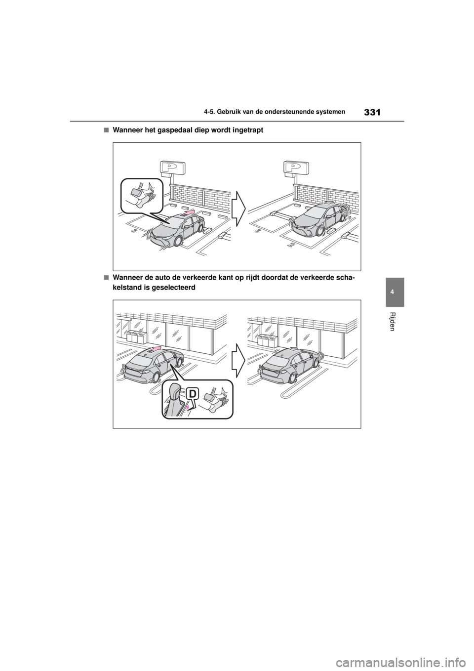 TOYOTA COROLLA HYBRID 2021  Instructieboekje (in Dutch) 331
4
4-5. Gebruik van de ondersteunende systemen
Rijden
COROLLA HV_TMMT_EE
■Wanneer het gaspedaal diep wordt ingetrapt
■Wanneer de auto de verkeerde kant op rijdt doordat de verkeerde scha-
kelst