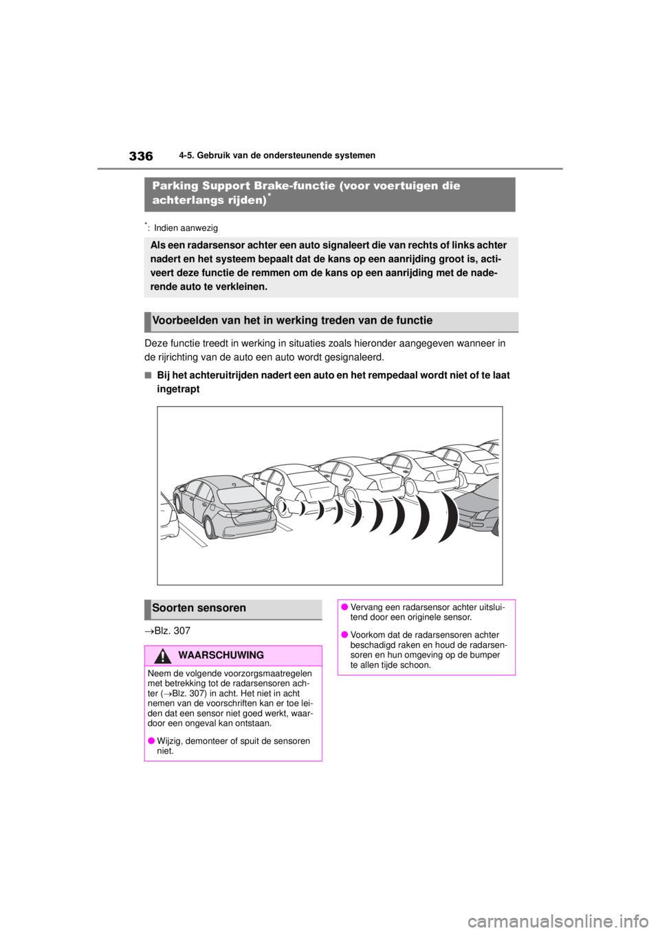 TOYOTA COROLLA HYBRID 2021 Instructieboekje (in Dutch) 3364-5. Gebruik van de ondersteunende systemen
COROLLA HV_TMMT_EE
*: Indien aanwezig
Deze functie treedt in werking in situaties zoals hieronder aangegeven wanneer in
de rijrichting van de auto een a TOYOTA COROLLA HYBRID 2021 Instructieboekje (in Dutch) 3364-5. Gebruik van de ondersteunende systemen
COROLLA HV_TMMT_EE
*: Indien aanwezig
Deze functie treedt in werking in situaties zoals hieronder aangegeven wanneer in
de rijrichting van de auto een a