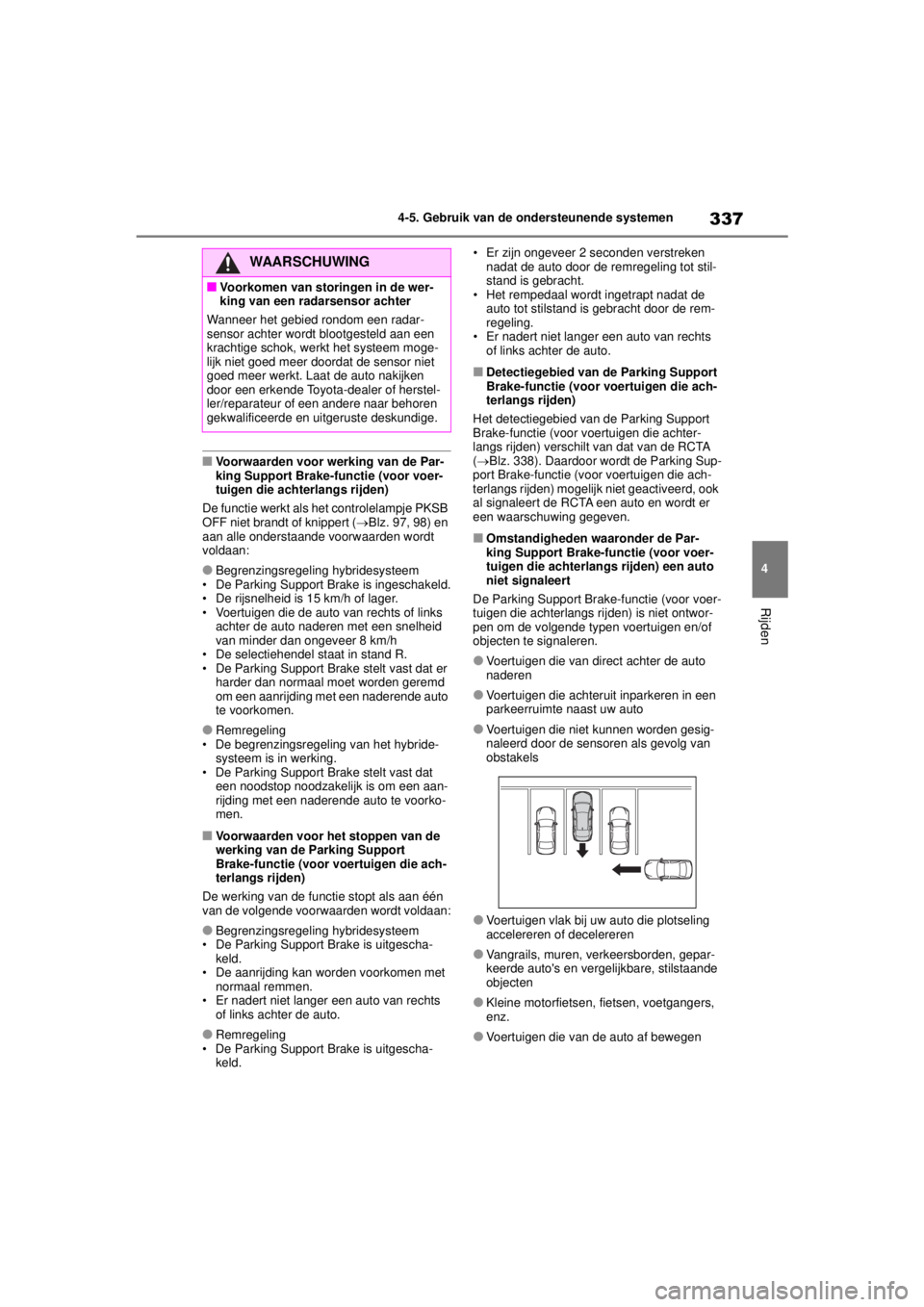 TOYOTA COROLLA HYBRID 2021 Instructieboekje (in Dutch) 337
4
4-5. Gebruik van de ondersteunende systemen
Rijden
COROLLA HV_TMMT_EE
■Voorwaarden voor werking van de Par-
king Support Brake-functie (voor voer-
tuigen die achterlangs rijden)
De functie wer TOYOTA COROLLA HYBRID 2021 Instructieboekje (in Dutch) 337
4
4-5. Gebruik van de ondersteunende systemen
Rijden
COROLLA HV_TMMT_EE
■Voorwaarden voor werking van de Par-
king Support Brake-functie (voor voer-
tuigen die achterlangs rijden)
De functie wer