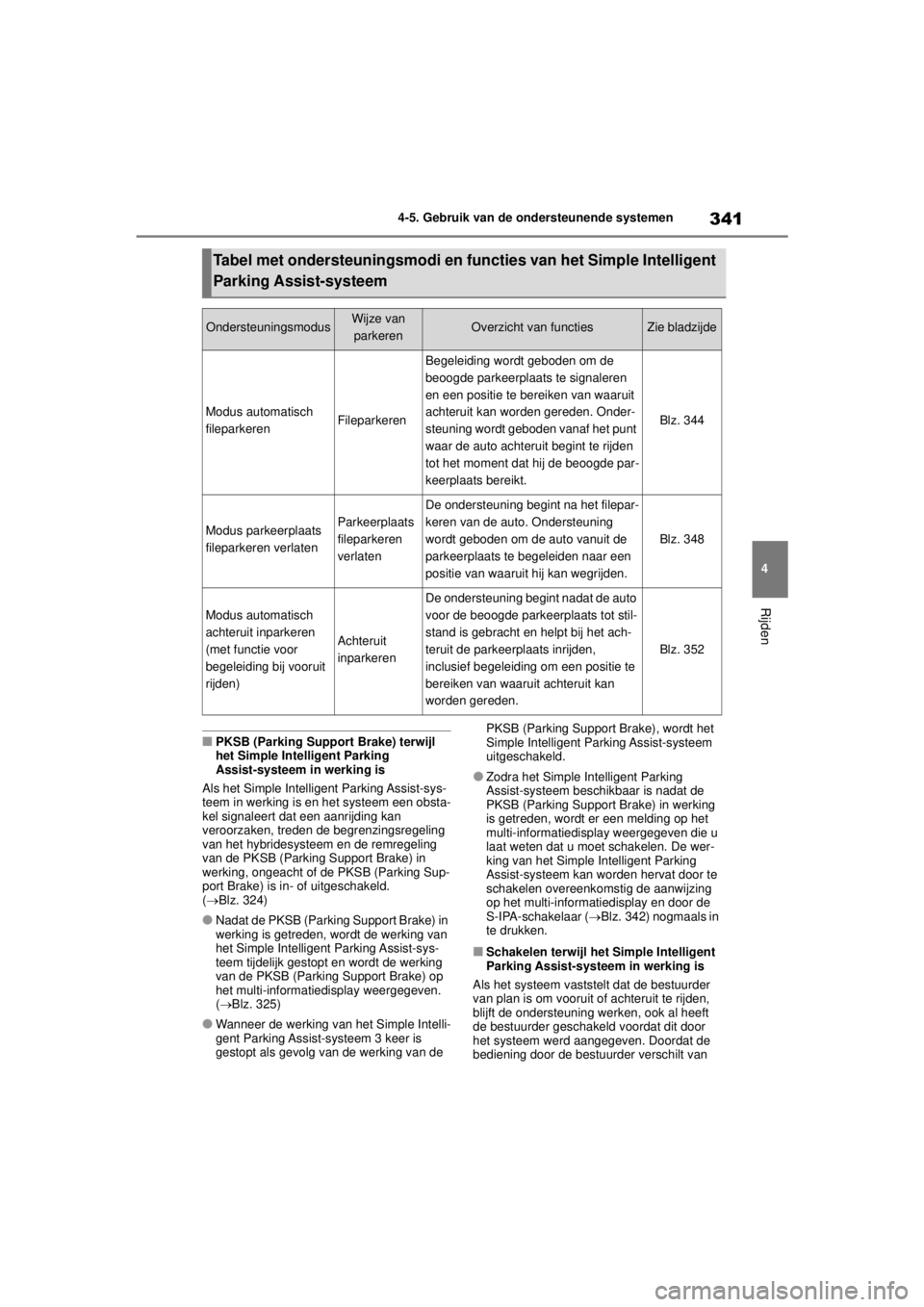 TOYOTA COROLLA HYBRID 2021 Instructieboekje (in Dutch) 341
4
4-5. Gebruik van de ondersteunende systemen
Rijden
COROLLA HV_TMMT_EE
■PKSB (Parking Support Brake) terwijl
het Simple Intelligent Parking
Assist-systeem in werking is
Als het Simple Intelli TOYOTA COROLLA HYBRID 2021 Instructieboekje (in Dutch) 341
4
4-5. Gebruik van de ondersteunende systemen
Rijden
COROLLA HV_TMMT_EE
■PKSB (Parking Support Brake) terwijl
het Simple Intelligent Parking
Assist-systeem in werking is
Als het Simple Intelli