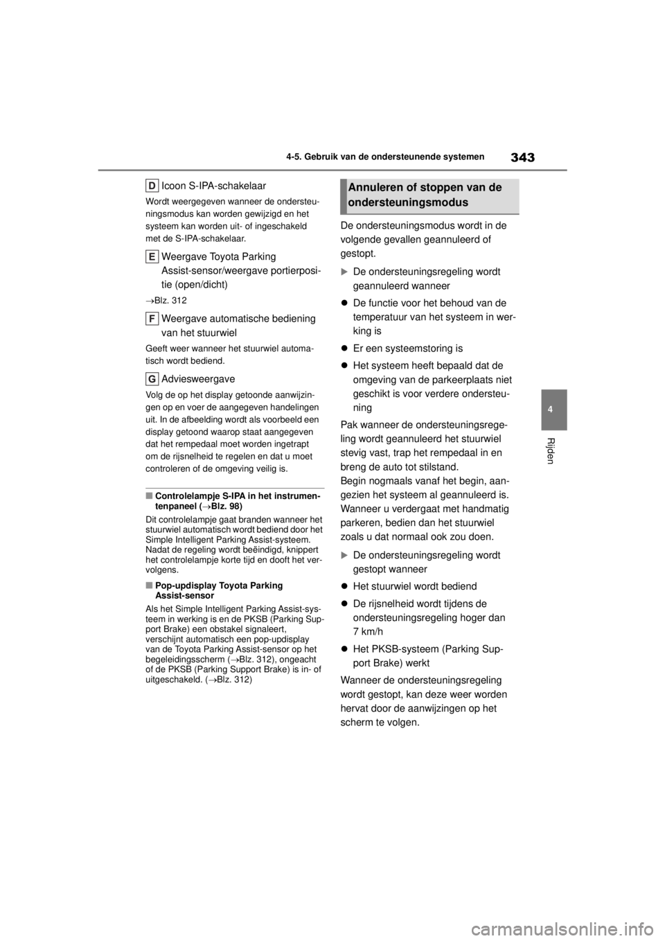 TOYOTA COROLLA HYBRID 2021 Instructieboekje (in Dutch) 343
4
4-5. Gebruik van de ondersteunende systemen
Rijden
COROLLA HV_TMMT_EE
Icoon S-IPA-schakelaar
Wordt weergegeven wanneer de ondersteu-
ningsmodus kan worden gewijzigd en het
systeem kan worden ui TOYOTA COROLLA HYBRID 2021 Instructieboekje (in Dutch) 343
4
4-5. Gebruik van de ondersteunende systemen
Rijden
COROLLA HV_TMMT_EE
Icoon S-IPA-schakelaar
Wordt weergegeven wanneer de ondersteu-
ningsmodus kan worden gewijzigd en het
systeem kan worden ui