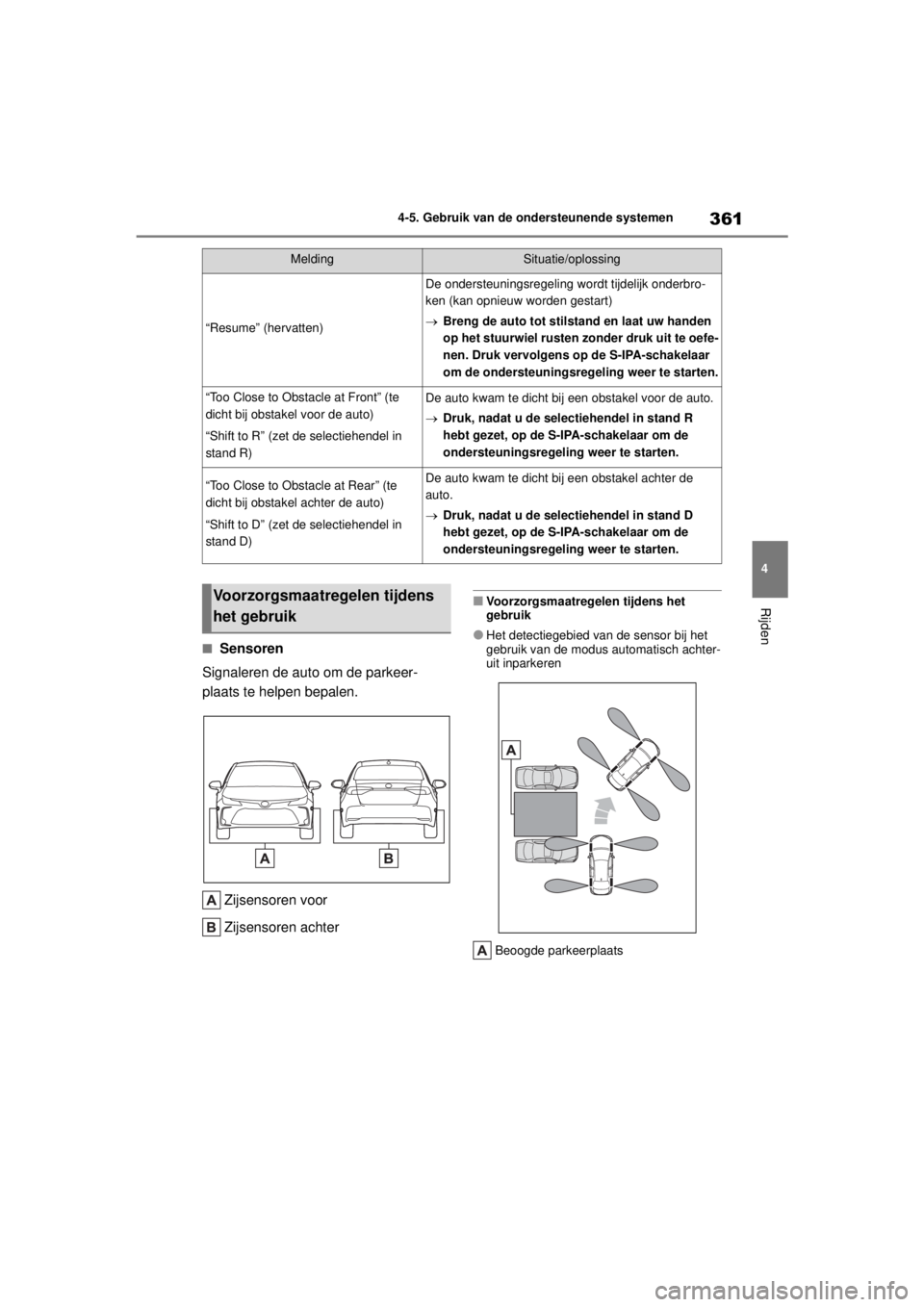 TOYOTA COROLLA HYBRID 2021  Instructieboekje (in Dutch) 361
4
4-5. Gebruik van de ondersteunende systemen
Rijden
COROLLA HV_TMMT_EE
■Sensoren
Signaleren de auto om de parkeer-
plaats te helpen bepalen.
Zijsensoren voor
Zijsensoren achter
■Voorzorgsmaat TOYOTA COROLLA HYBRID 2021  Instructieboekje (in Dutch) 361
4
4-5. Gebruik van de ondersteunende systemen
Rijden
COROLLA HV_TMMT_EE
■Sensoren
Signaleren de auto om de parkeer-
plaats te helpen bepalen.
Zijsensoren voor
Zijsensoren achter
■Voorzorgsmaat