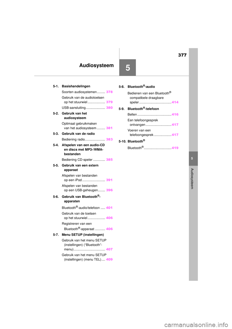 TOYOTA COROLLA HYBRID 2021 Instructieboekje (in Dutch) 5
377
5
Audiosysteem
COROLLA HV_TMMT_EE
Audiosysteem
.5-1. BasishandelingenSoorten audiosystemen ......... 378
Gebruik van de audiotoetsen op het stuurwiel ................... 379
USB-aansluiting ... TOYOTA COROLLA HYBRID 2021 Instructieboekje (in Dutch) 5
377
5
Audiosysteem
COROLLA HV_TMMT_EE
Audiosysteem
.5-1. BasishandelingenSoorten audiosystemen ......... 378
Gebruik van de audiotoetsen op het stuurwiel ................... 379
USB-aansluiting ...