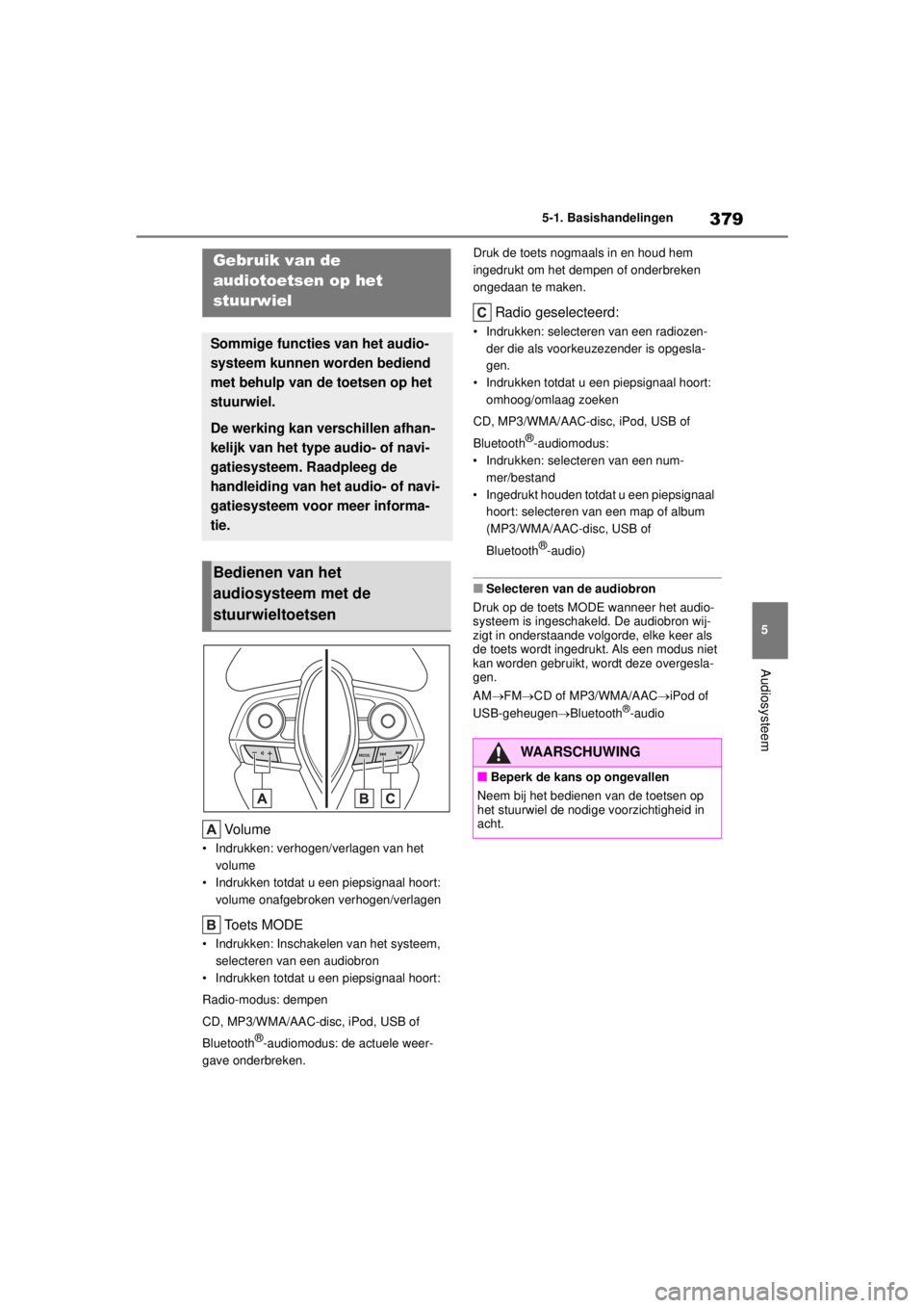 TOYOTA COROLLA HYBRID 2021 Instructieboekje (in Dutch) 379
5
5-1. Basishandelingen
Audiosysteem
COROLLA HV_TMMT_EE
Vo l u m e
• Indrukken: verhogen/verlagen van het
volume
• Indrukken totdat u een piepsignaal hoort: volume onafgebroken verhogen/verl TOYOTA COROLLA HYBRID 2021 Instructieboekje (in Dutch) 379
5
5-1. Basishandelingen
Audiosysteem
COROLLA HV_TMMT_EE
Vo l u m e
• Indrukken: verhogen/verlagen van het
volume
• Indrukken totdat u een piepsignaal hoort: volume onafgebroken verhogen/verl