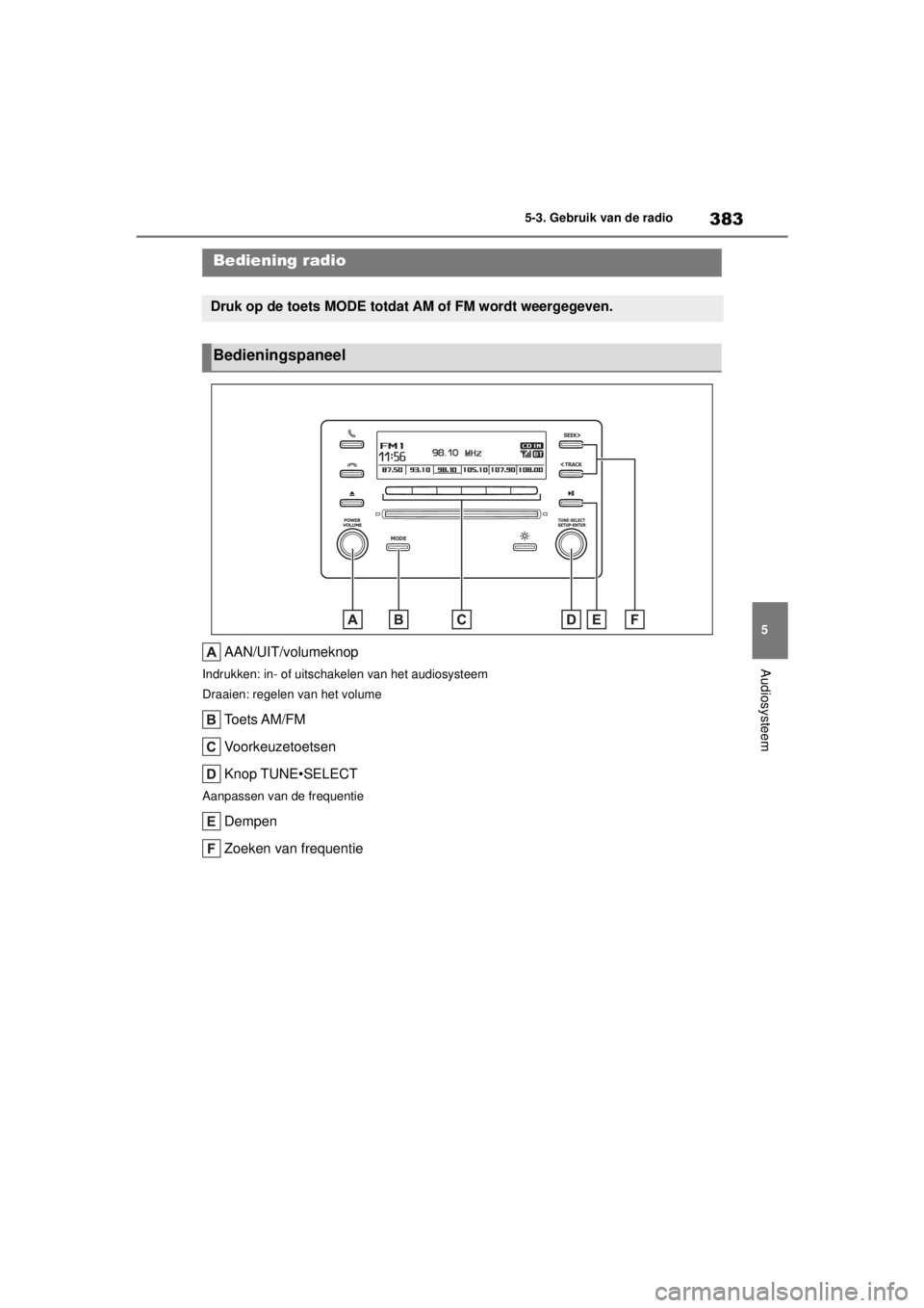 TOYOTA COROLLA HYBRID 2021 Instructieboekje (in Dutch) 383
5
5-3. Gebruik van de radio
Audiosysteem
COROLLA HV_TMMT_EE
5-3.Gebruik van de radio
AAN/UIT/volumeknop
Indrukken: in- of uitschakelen van het audiosysteem
Draaien: regelen van het volume
Toets AM TOYOTA COROLLA HYBRID 2021 Instructieboekje (in Dutch) 383
5
5-3. Gebruik van de radio
Audiosysteem
COROLLA HV_TMMT_EE
5-3.Gebruik van de radio
AAN/UIT/volumeknop
Indrukken: in- of uitschakelen van het audiosysteem
Draaien: regelen van het volume
Toets AM