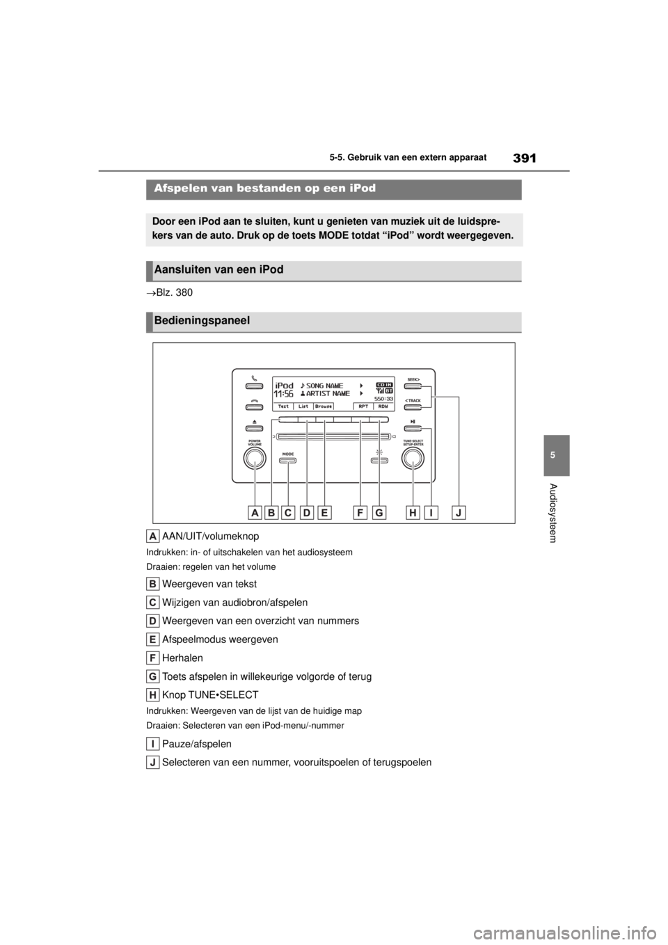TOYOTA COROLLA HYBRID 2021  Instructieboekje (in Dutch) 391
5
5-5. Gebruik van een extern apparaat
Audiosysteem
COROLLA HV_TMMT_EE
5-5.Gebruik van een extern apparaat
Blz. 380
AAN/UIT/volumeknop
Indrukken: in- of uitschakelen van het audiosysteem
Draaie