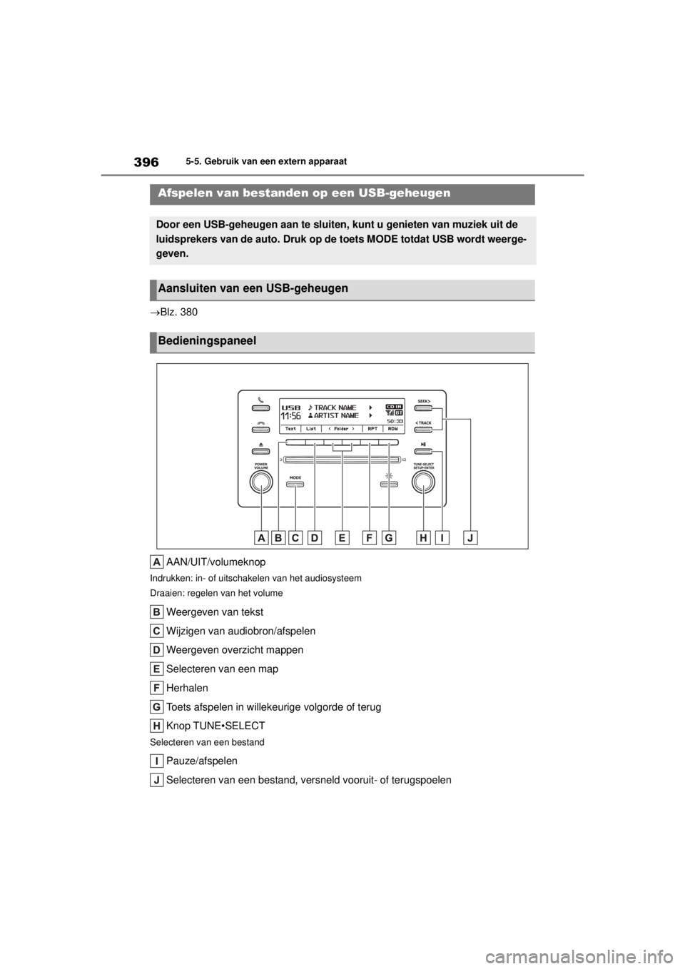 TOYOTA COROLLA HYBRID 2021 Instructieboekje (in Dutch) 3965-5. Gebruik van een extern apparaat
COROLLA HV_TMMT_EE
Blz. 380 AAN/UIT/volumeknop
Indrukken: in- of uitschakelen van het audiosysteem
Draaien: regelen van het volume
Weergeven van tekst
Wijzig TOYOTA COROLLA HYBRID 2021 Instructieboekje (in Dutch) 3965-5. Gebruik van een extern apparaat
COROLLA HV_TMMT_EE
Blz. 380 AAN/UIT/volumeknop
Indrukken: in- of uitschakelen van het audiosysteem
Draaien: regelen van het volume
Weergeven van tekst
Wijzig