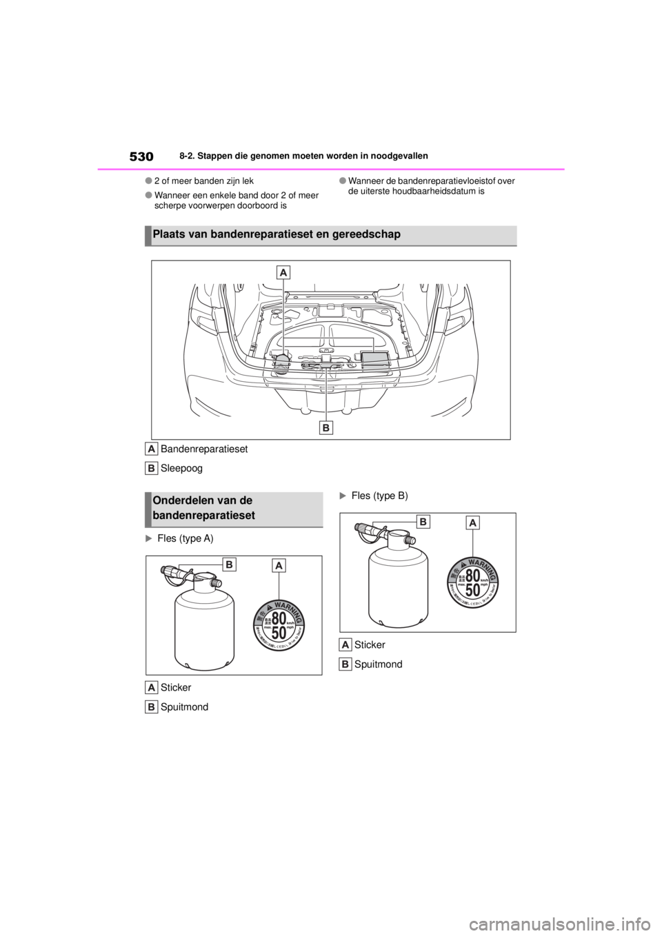 TOYOTA COROLLA HYBRID 2021 Instructieboekje (in Dutch) 5308-2. Stappen die genomen moeten worden in noodgevallen
COROLLA HV_TMMT_EE
●2 of meer banden zijn lek
●Wanneer een enkele band door 2 of meer
scherpe voorwerpen doorboord is
●Wanneer de bande TOYOTA COROLLA HYBRID 2021 Instructieboekje (in Dutch) 5308-2. Stappen die genomen moeten worden in noodgevallen
COROLLA HV_TMMT_EE
●2 of meer banden zijn lek
●Wanneer een enkele band door 2 of meer
scherpe voorwerpen doorboord is
●Wanneer de bande