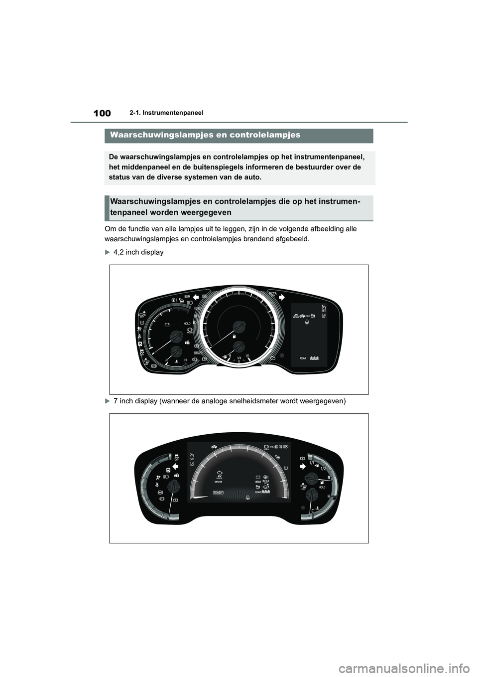 TOYOTA COROLLA HYBRID 2020  Instructieboekje (in Dutch) 100
COROLLA HV_TMMT_EE2-1. Instrumentenpaneel
2-1.Instrumentenpaneel
Om de functie van a
lle lampjes uit te leggen, zijn in de volgen de afbeelding alle 
waarschuwingslampjes en controlelampjes brande