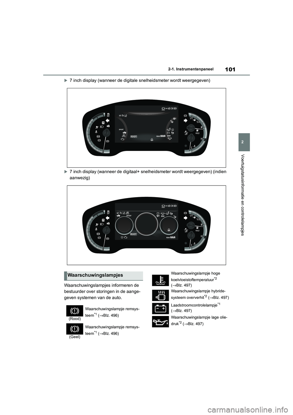 TOYOTA COROLLA HYBRID 2020  Instructieboekje (in Dutch) 101
2
COROLLA HV_TMMT_EE 2-1. Instrumentenpaneel
Voertuigstatusinformatie en controlelampjes
7 inch display (wanneer de digi
tale snelheidsmeter wordt weerge geven)
7 inch display (wanneer de di