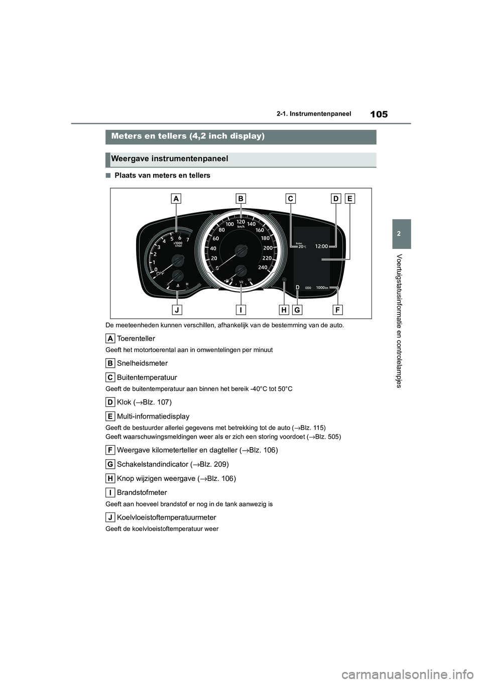 TOYOTA COROLLA HYBRID 2020 Instructieboekje (in Dutch) 105
2
COROLLA HV_TMMT_EE 2-1. Instrumentenpaneel
Voertuigstatusinformatie en controlelampjes
■Plaats van meters en tellers
De meeteenheden kunnen verschillen, afhankelijk van de bestemmi
ng van de a TOYOTA COROLLA HYBRID 2020 Instructieboekje (in Dutch) 105
2
COROLLA HV_TMMT_EE 2-1. Instrumentenpaneel
Voertuigstatusinformatie en controlelampjes
■Plaats van meters en tellers
De meeteenheden kunnen verschillen, afhankelijk van de bestemmi
ng van de a