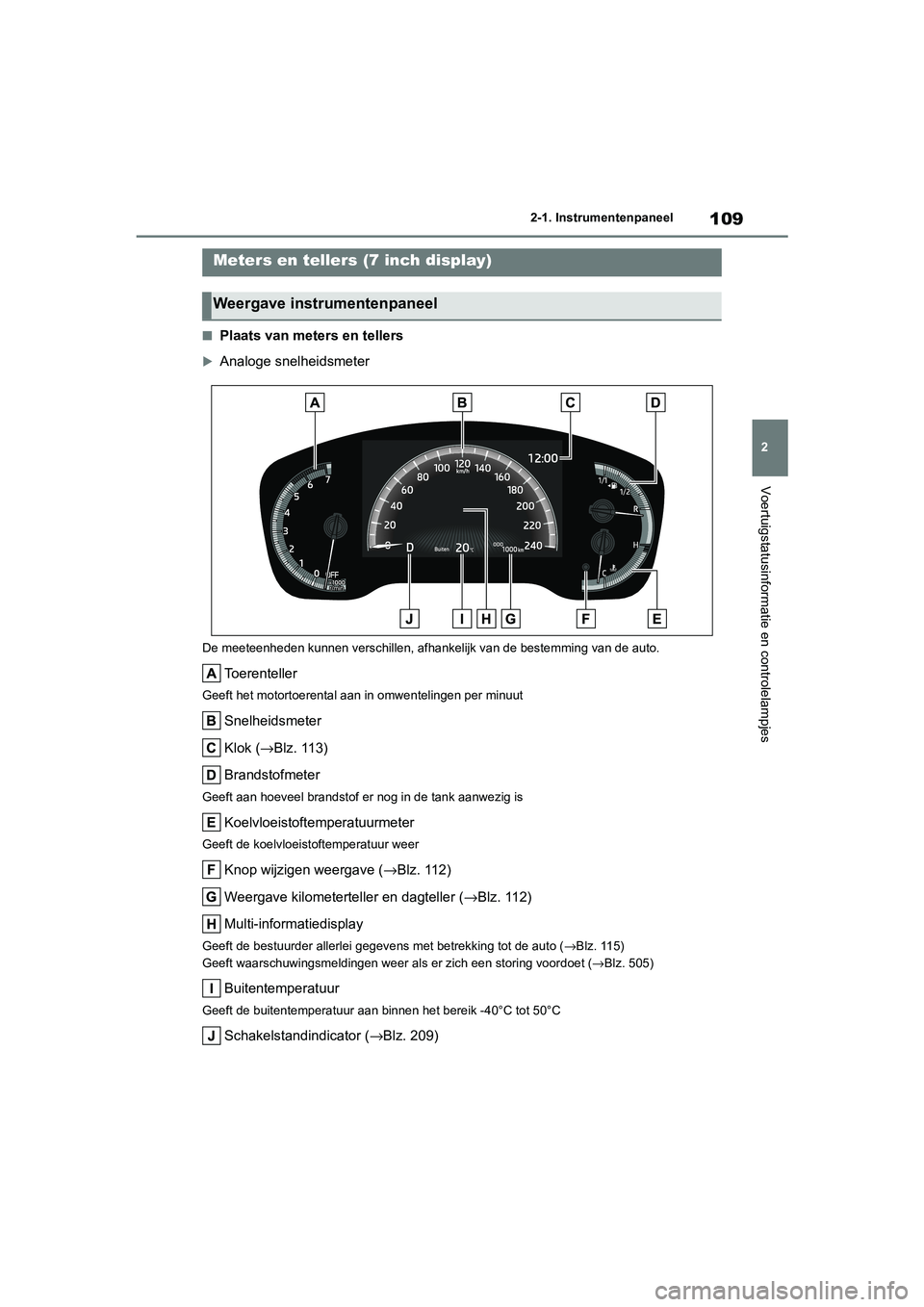 TOYOTA COROLLA HYBRID 2020 Instructieboekje (in Dutch) 109
2
COROLLA HV_TMMT_EE 2-1. Instrumentenpaneel
Voertuigstatusinformatie en controlelampjes
■Plaats van meters en tellers
Analoge snelheidsmeter
De meeteenheden kunnen verschillen, afhankelijk v TOYOTA COROLLA HYBRID 2020 Instructieboekje (in Dutch) 109
2
COROLLA HV_TMMT_EE 2-1. Instrumentenpaneel
Voertuigstatusinformatie en controlelampjes
■Plaats van meters en tellers
Analoge snelheidsmeter
De meeteenheden kunnen verschillen, afhankelijk v
