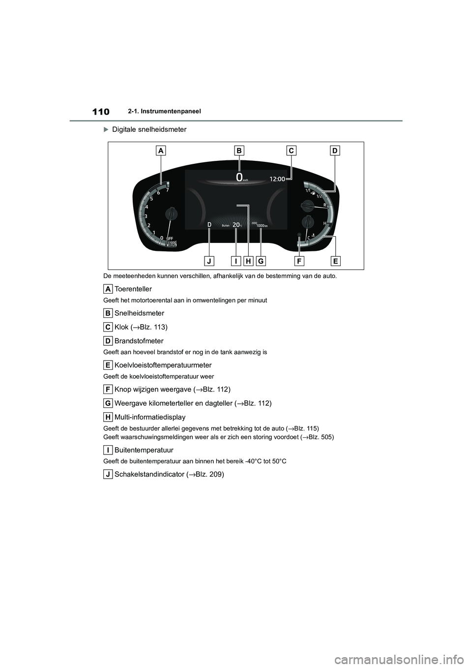 TOYOTA COROLLA HYBRID 2020 Instructieboekje (in Dutch) 110
COROLLA HV_TMMT_EE2-1. Instrumentenpaneel
Digitale snelheidsmeter
De meeteenheden kunnen verschillen, afhankelijk van de bestemmi ng van de auto.
Toerenteller
Geeft het motortoerental aan in o TOYOTA COROLLA HYBRID 2020 Instructieboekje (in Dutch) 110
COROLLA HV_TMMT_EE2-1. Instrumentenpaneel
Digitale snelheidsmeter
De meeteenheden kunnen verschillen, afhankelijk van de bestemmi ng van de auto.
Toerenteller
Geeft het motortoerental aan in o