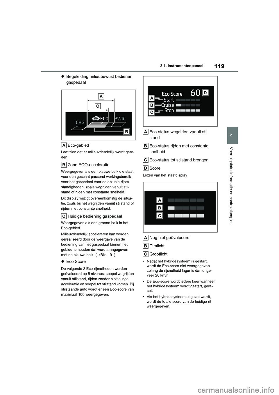 TOYOTA COROLLA HYBRID 2020 Instructieboekje (in Dutch) 119
2
COROLLA HV_TMMT_EE 2-1. Instrumentenpaneel
Voertuigstatusinformatie en controlelampjes
Begeleiding milieubewust bedienen
gaspedaal
Eco-gebied
Laat zien dat er mili euvriendelijk wordt gere- TOYOTA COROLLA HYBRID 2020 Instructieboekje (in Dutch) 119
2
COROLLA HV_TMMT_EE 2-1. Instrumentenpaneel
Voertuigstatusinformatie en controlelampjes
Begeleiding milieubewust bedienen
gaspedaal
Eco-gebied
Laat zien dat er mili euvriendelijk wordt gere-