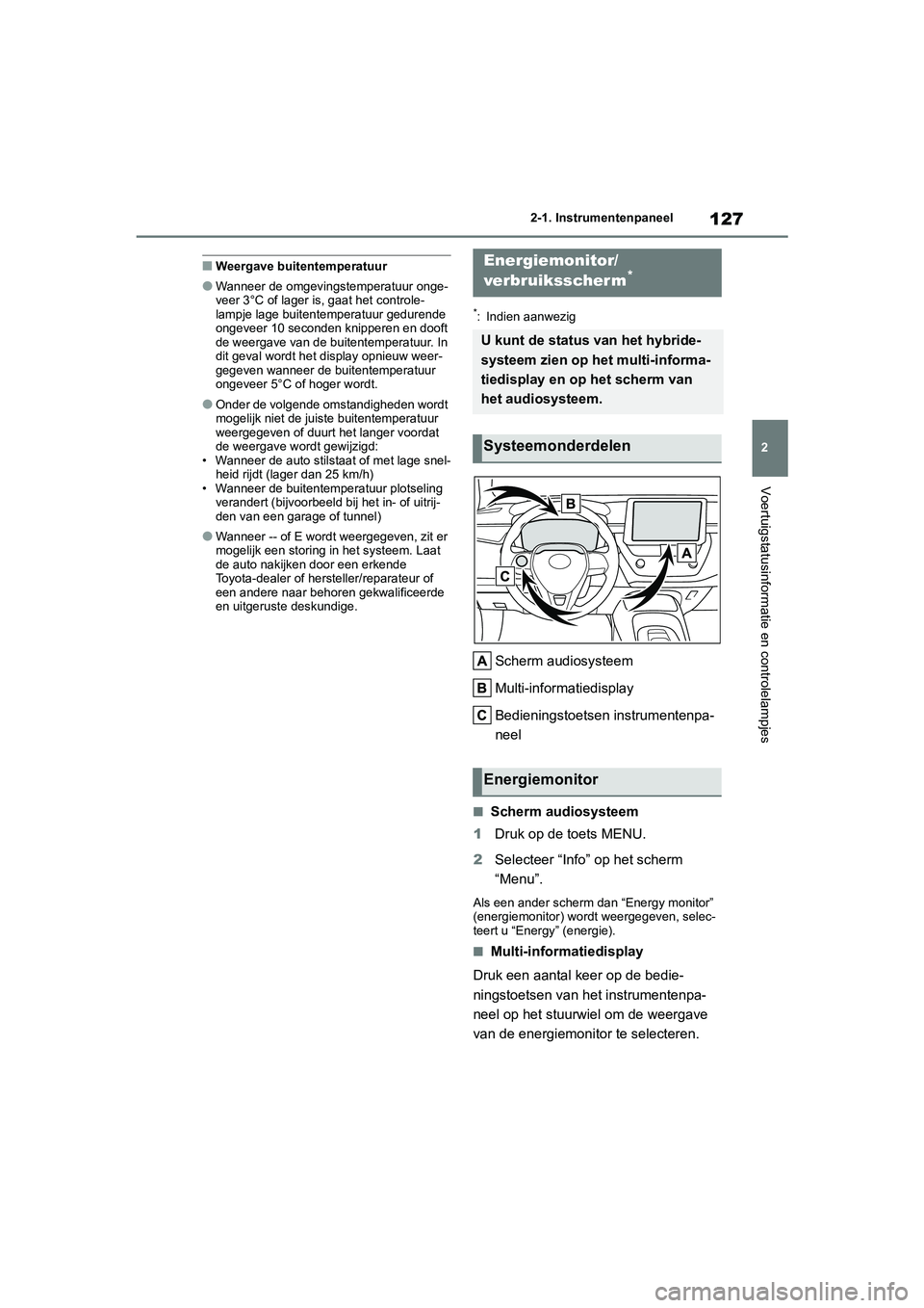 TOYOTA COROLLA HYBRID 2020  Instructieboekje (in Dutch) 127
2
COROLLA HV_TMMT_EE 2-1. Instrumentenpaneel
Voertuigstatusinformatie en controlelampjes
■Weergave buitentemperatuur
●Wanneer de omgevingstemperatuur onge-
veer 3°C of lager is, gaat het cont