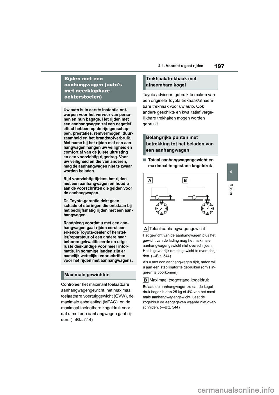 TOYOTA COROLLA HYBRID 2020 Instructieboekje (in Dutch) 197
4
COROLLA HV_TMMT_EE 4-1. Voordat u gaat rijden
Rijden
Controleer het max
imaal toelaatbare
aanhangwagengewicht, het maximaal
toelaatbare voertuiggewicht (GVW), de
maximale asbelasti ng (MPAC), TOYOTA COROLLA HYBRID 2020 Instructieboekje (in Dutch) 197
4
COROLLA HV_TMMT_EE 4-1. Voordat u gaat rijden
Rijden
Controleer het max
imaal toelaatbare
aanhangwagengewicht, het maximaal
toelaatbare voertuiggewicht (GVW), de
maximale asbelasti ng (MPAC),