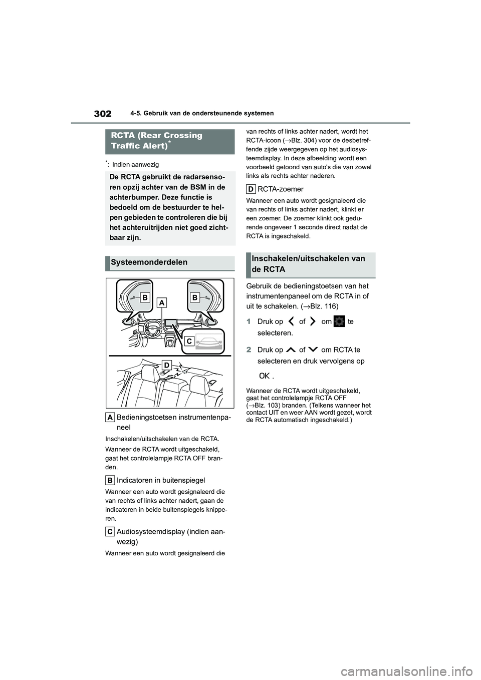 TOYOTA COROLLA HYBRID 2020 Instructieboekje (in Dutch) 302
COROLLA HV_TMMT_EE4-5. Gebruik van de ondersteunende systemen
*: Indien aanwezig
Bedieningstoetse
n instrumentenpa-
neel
Inschakelen/uitschakelen van de RCTA.
Wanneer de RCTA wordt uitgeschakeld, TOYOTA COROLLA HYBRID 2020 Instructieboekje (in Dutch) 302
COROLLA HV_TMMT_EE4-5. Gebruik van de ondersteunende systemen
*: Indien aanwezig
Bedieningstoetse
n instrumentenpa-
neel
Inschakelen/uitschakelen van de RCTA.
Wanneer de RCTA wordt uitgeschakeld,