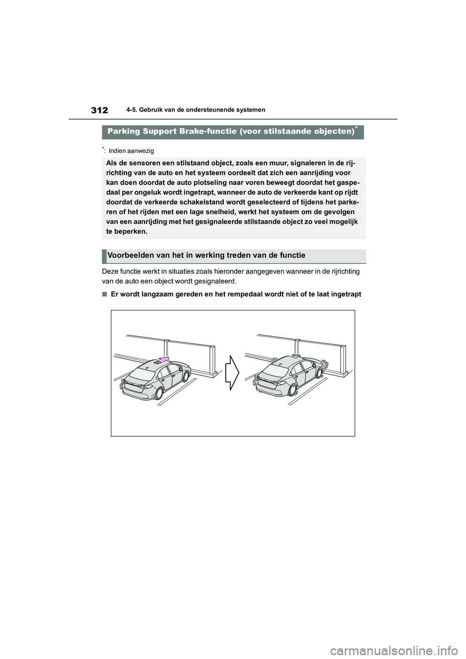 TOYOTA COROLLA HYBRID 2020 Instructieboekje (in Dutch) 312
COROLLA HV_TMMT_EE4-5. Gebruik van de ondersteunende systemen
*: Indien aanwezig
Deze functie werkt in situaties zoals hieronder aangegeven wann
eer in de rijrichting
van de auto een object w ord TOYOTA COROLLA HYBRID 2020 Instructieboekje (in Dutch) 312
COROLLA HV_TMMT_EE4-5. Gebruik van de ondersteunende systemen
*: Indien aanwezig
Deze functie werkt in situaties zoals hieronder aangegeven wann
eer in de rijrichting
van de auto een object w ord