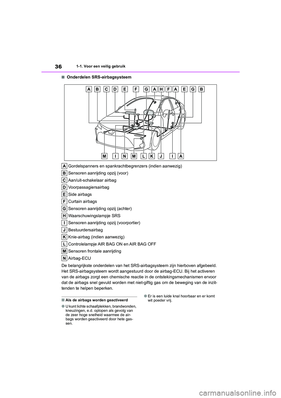 TOYOTA COROLLA HYBRID 2020 Instructieboekje (in Dutch) 36
COROLLA HV_TMMT_EE1-1. Voor een veilig gebruik
■Onderdelen SRS-airbagsysteem
Gordelspanners en spankrachtbegrenzers (indien aanwezig)
Sensoren aanrijding opzij (voor)
Aan/uit-schakelaar airbag
Vo TOYOTA COROLLA HYBRID 2020 Instructieboekje (in Dutch) 36
COROLLA HV_TMMT_EE1-1. Voor een veilig gebruik
■Onderdelen SRS-airbagsysteem
Gordelspanners en spankrachtbegrenzers (indien aanwezig)
Sensoren aanrijding opzij (voor)
Aan/uit-schakelaar airbag
Vo