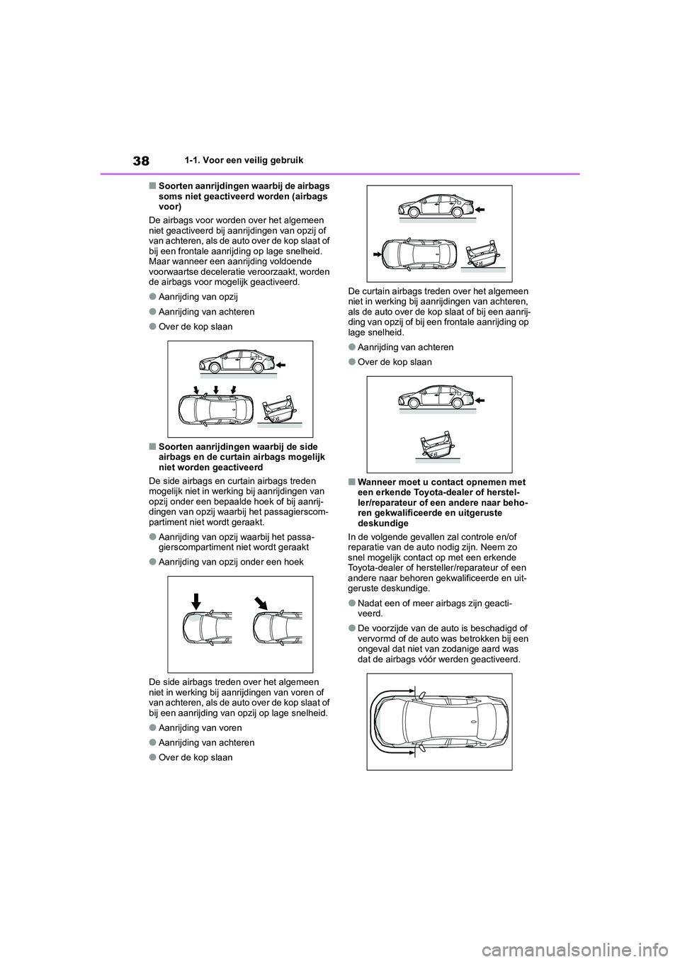 TOYOTA COROLLA HYBRID 2020 Instructieboekje (in Dutch) 38
COROLLA HV_TMMT_EE1-1. Voor een veilig gebruik
■Soorten aanrijdingen waarbij de airbags
soms niet geactiveerd worden (airbags
voor)
De airbags voor worden over het algemeen
niet geactiveerd bi TOYOTA COROLLA HYBRID 2020 Instructieboekje (in Dutch) 38
COROLLA HV_TMMT_EE1-1. Voor een veilig gebruik
■Soorten aanrijdingen waarbij de airbags
soms niet geactiveerd worden (airbags
voor)
De airbags voor worden over het algemeen
niet geactiveerd bi