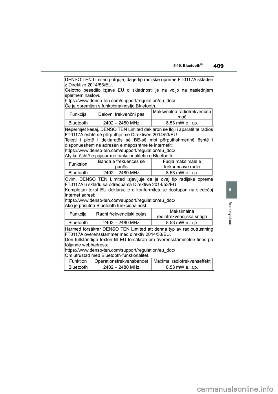 TOYOTA COROLLA HYBRID 2020  Instructieboekje (in Dutch) 409
5
COROLLA HV_TMMT_EE 5-10. Bluetooth
®
Audiosysteem
COROLLA-HYBRID(TMMT)_OM_Europe_OM12N58E_1_1912.book  Page 409  
Thursday, October 3, 2019  10:56 AM 