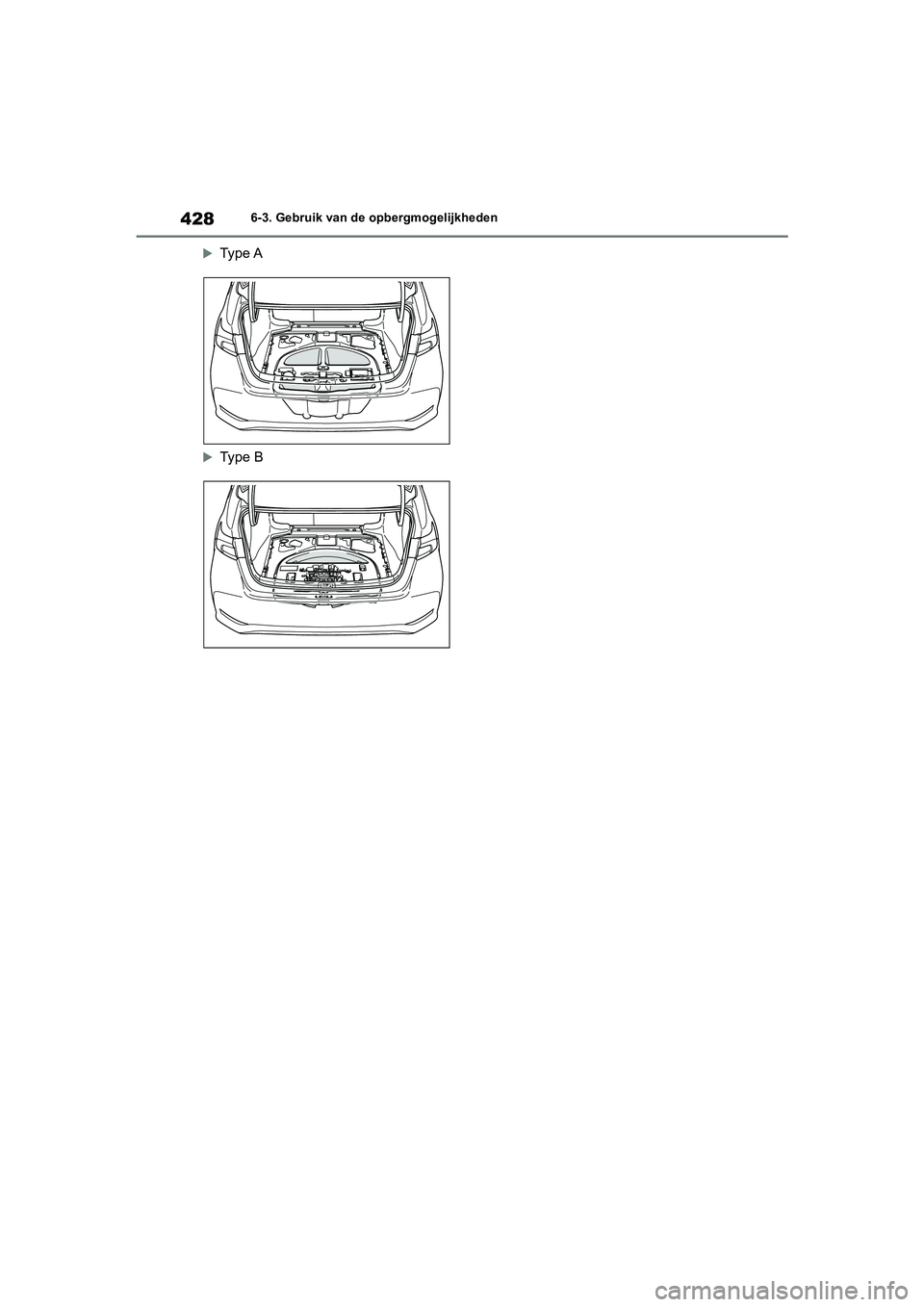 TOYOTA COROLLA HYBRID 2020 Instructieboekje (in Dutch) 428
COROLLA HV_TMMT_EE6-3. Gebruik van de opbergmogelijkheden
Type A
Type B
COROLLA-HYBRID(TMMT)_OM_Europe_OM12N58E_1_1912.book Page 428 Thursday, October 3, 2019 10:56 AM TOYOTA COROLLA HYBRID 2020 Instructieboekje (in Dutch) 428
COROLLA HV_TMMT_EE6-3. Gebruik van de opbergmogelijkheden
Type A
Type B
COROLLA-HYBRID(TMMT)_OM_Europe_OM12N58E_1_1912.book Page 428 Thursday, October 3, 2019 10:56 AM