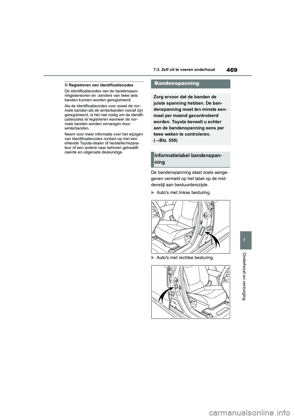 TOYOTA COROLLA HYBRID 2020 Instructieboekje (in Dutch) 469
7
COROLLA HV_TMMT_EE 7-3. Zelf uit te voeren onderhoud
Onderhoud en verzorging
■Registreren van identificatiecodes
De identificatiecodes van de bandenspan-
ningssensoren en -zenders van twee set TOYOTA COROLLA HYBRID 2020 Instructieboekje (in Dutch) 469
7
COROLLA HV_TMMT_EE 7-3. Zelf uit te voeren onderhoud
Onderhoud en verzorging
■Registreren van identificatiecodes
De identificatiecodes van de bandenspan-
ningssensoren en -zenders van twee set