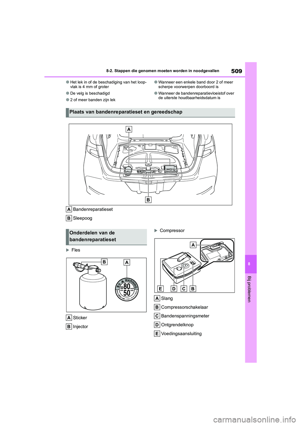 TOYOTA COROLLA HYBRID 2020 Instructieboekje (in Dutch) 509
8
COROLLA HV_TMMT_EE 8-2. Stappen die genomen moeten worden in noodgevallen
Bij problemen
●Het lek in of de beschadiging van het loop-
vlak is 4 mm of groter
●De velg is beschadigd
●2 of mee TOYOTA COROLLA HYBRID 2020 Instructieboekje (in Dutch) 509
8
COROLLA HV_TMMT_EE 8-2. Stappen die genomen moeten worden in noodgevallen
Bij problemen
●Het lek in of de beschadiging van het loop-
vlak is 4 mm of groter
●De velg is beschadigd
●2 of mee