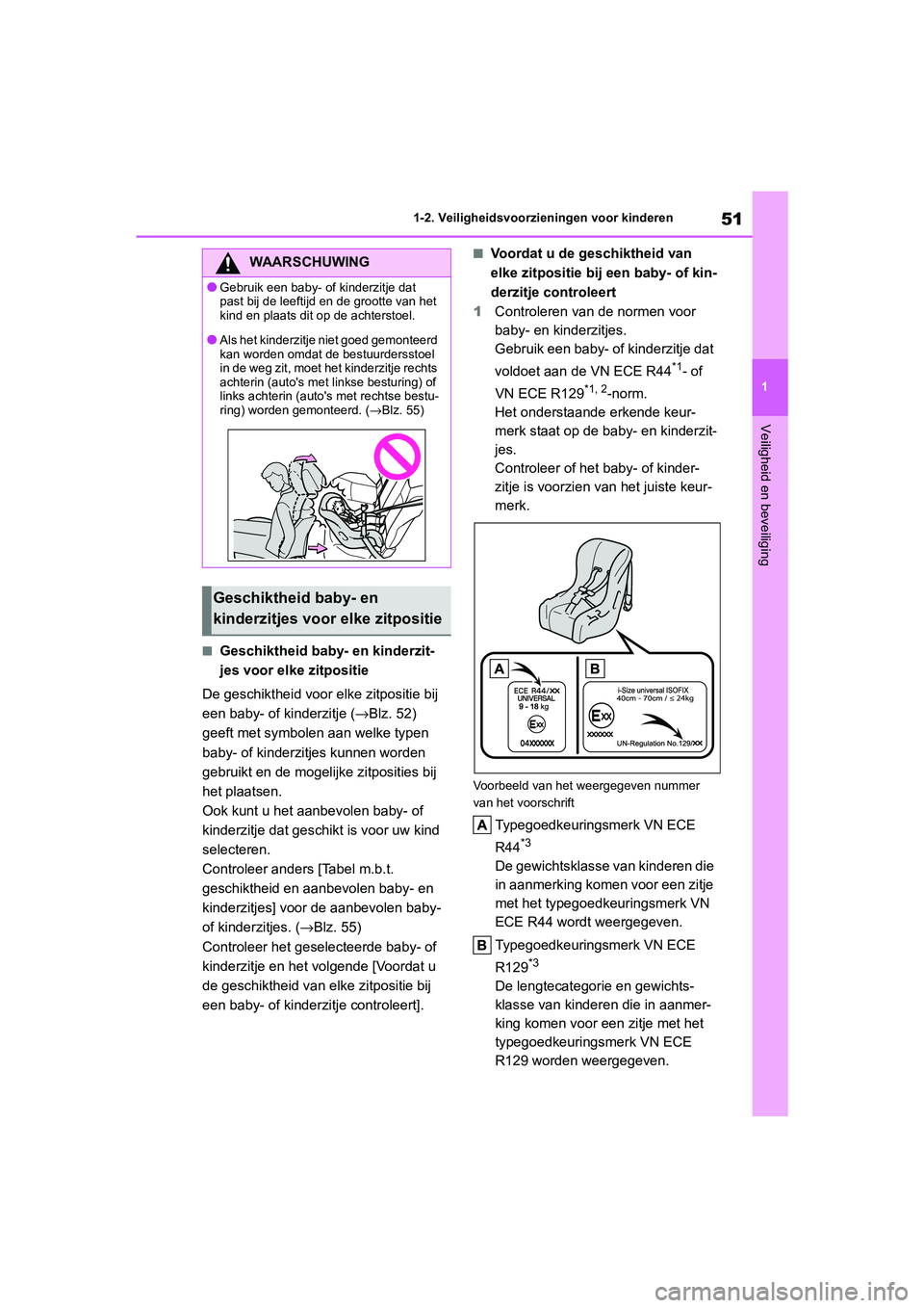TOYOTA COROLLA HYBRID 2020 Instructieboekje (in Dutch) 51
1
COROLLA HV_TMMT_EE 1-2. Veiligheidsvoorzieningen voor kinderen
Veiligheid en beveiliging
■Geschiktheid bab
y- en kinderzit-
jes voor elke zitpositie
De geschiktheid voor elke zitpositie bij
ee TOYOTA COROLLA HYBRID 2020 Instructieboekje (in Dutch) 51
1
COROLLA HV_TMMT_EE 1-2. Veiligheidsvoorzieningen voor kinderen
Veiligheid en beveiliging
■Geschiktheid bab
y- en kinderzit-
jes voor elke zitpositie
De geschiktheid voor elke zitpositie bij
ee