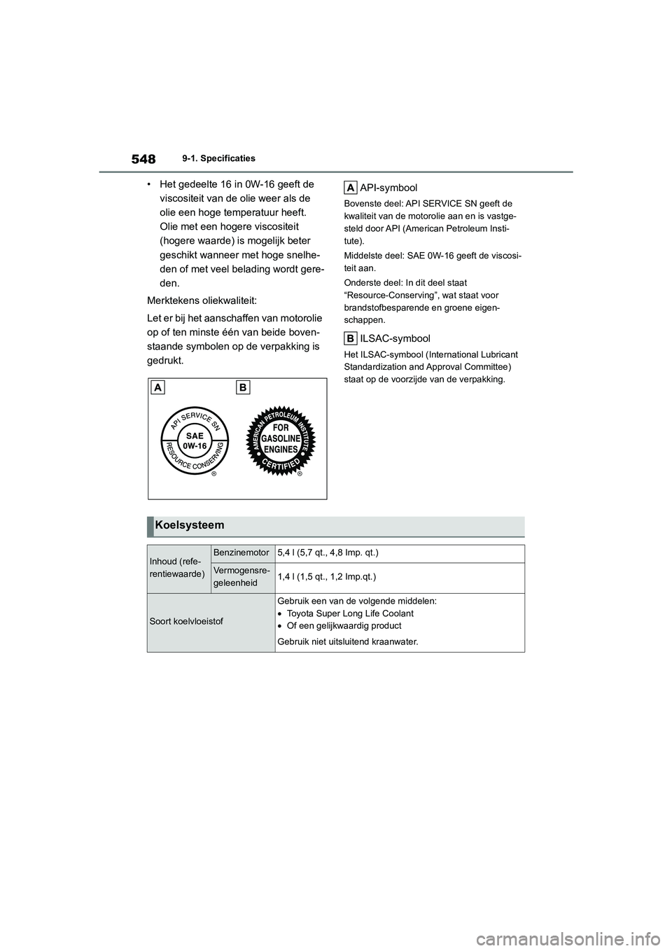 TOYOTA COROLLA HYBRID 2020 Instructieboekje (in Dutch) 548
COROLLA HV_TMMT_EE9-1. Specificaties
• Het gedeelte 16 in 0W-16 geeft de
viscositeit van de olie weer als de
olie een hoge temperatuur heeft.
Olie met een hogere viscositeit
(hogere waarde) TOYOTA COROLLA HYBRID 2020 Instructieboekje (in Dutch) 548
COROLLA HV_TMMT_EE9-1. Specificaties
• Het gedeelte 16 in 0W-16 geeft de
viscositeit van de olie weer als de
olie een hoge temperatuur heeft.
Olie met een hogere viscositeit
(hogere waarde)