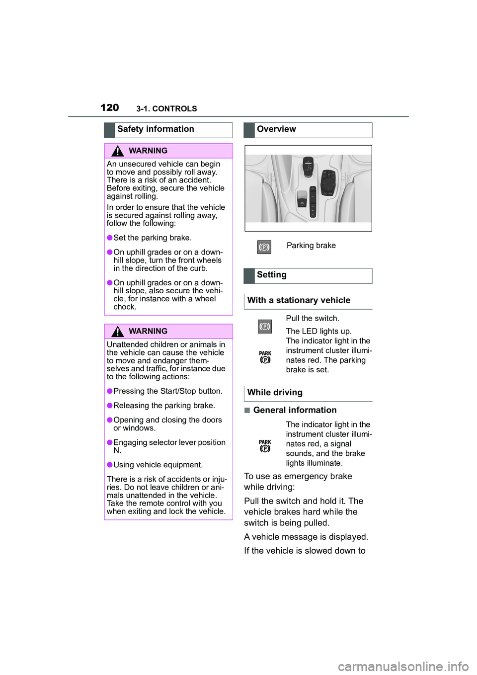 TOYOTA GR SUPRA 2022  Owners Manual 1203-1. CONTROLS
■General information
To use as emergency brake 
while driving:
Pull the switch and hold it. The 
vehicle brakes hard while the 
switch is being pulled.
A vehicle message is displaye