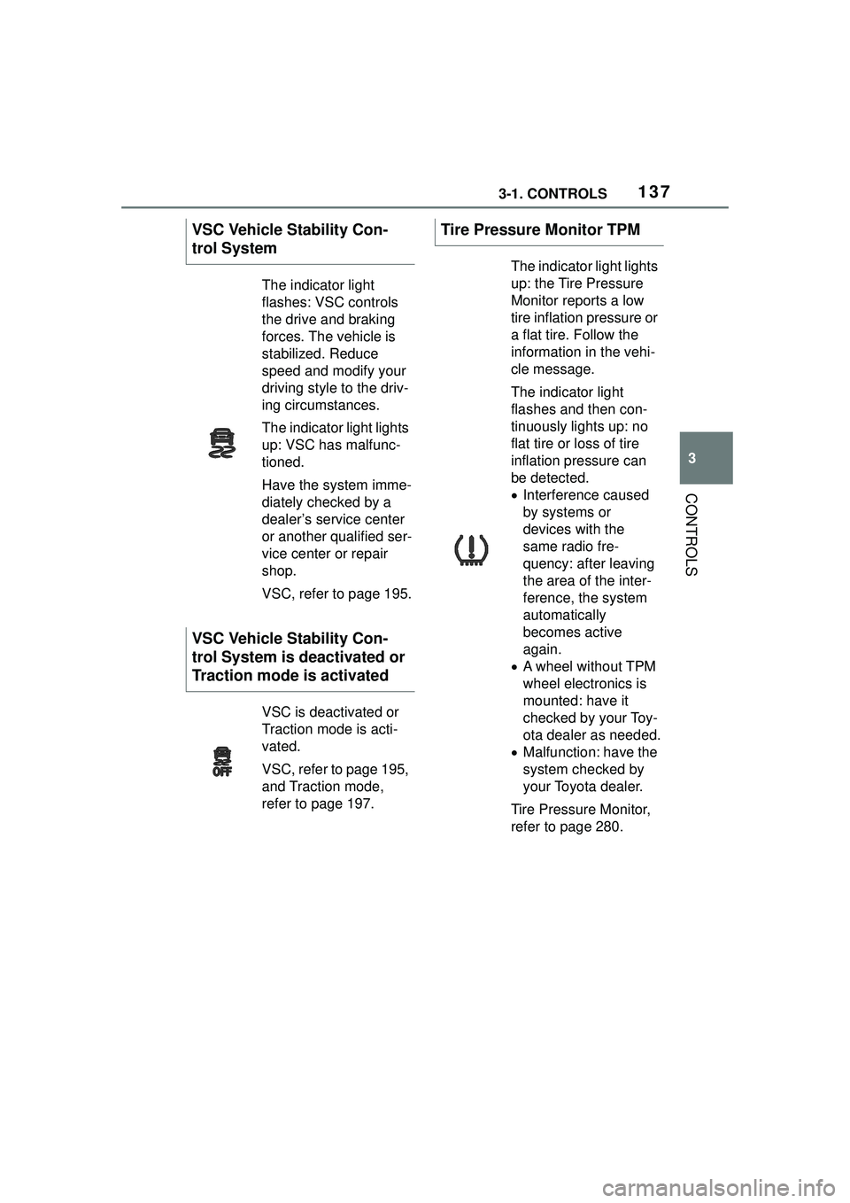 TOYOTA GR SUPRA 2022 Owners Manual 1373-1. CONTROLS
3
CONTROLS
VSC Vehicle Stability Con-
trol System
The indicator light
flashes: VSC controls
the drive and braking
forces. The vehicle is
stabilized. Reduce
speed and modify your TOYOTA GR SUPRA 2022 Owners Manual 1373-1. CONTROLS
3
CONTROLS
VSC Vehicle Stability Con-
trol System
The indicator light
flashes: VSC controls
the drive and braking
forces. The vehicle is
stabilized. Reduce
speed and modify your