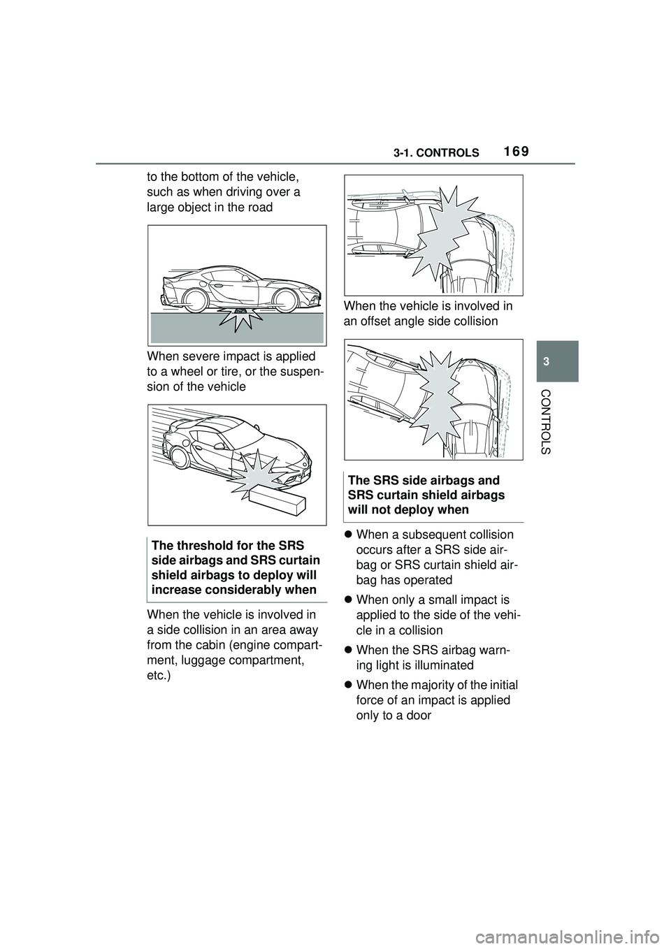 TOYOTA GR SUPRA 2022 Owners Manual 1693-1. CONTROLS
3
CONTROLS
to the bottom of the vehicle,
such as when driving over a
large object in the road
When severe impact is applied
to a wheel or tire, or the suspen-
sion of the vehicle
W TOYOTA GR SUPRA 2022 Owners Manual 1693-1. CONTROLS
3
CONTROLS
to the bottom of the vehicle,
such as when driving over a
large object in the road
When severe impact is applied
to a wheel or tire, or the suspen-
sion of the vehicle
W
