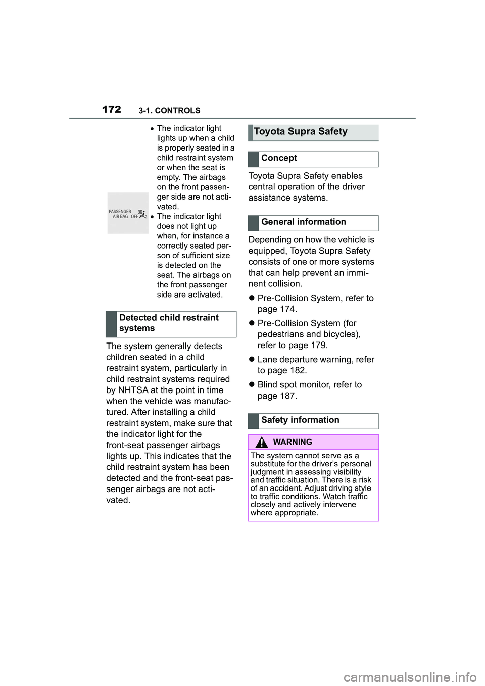 TOYOTA GR SUPRA 2022 Owners Manual 1723-1. CONTROLS
The system generally detects
children seated in a child
restraint system, particularly in
child restraint systems required
by NHTSA at the point in time
when the vehicle was manu TOYOTA GR SUPRA 2022 Owners Manual 1723-1. CONTROLS
The system generally detects
children seated in a child
restraint system, particularly in
child restraint systems required
by NHTSA at the point in time
when the vehicle was manu