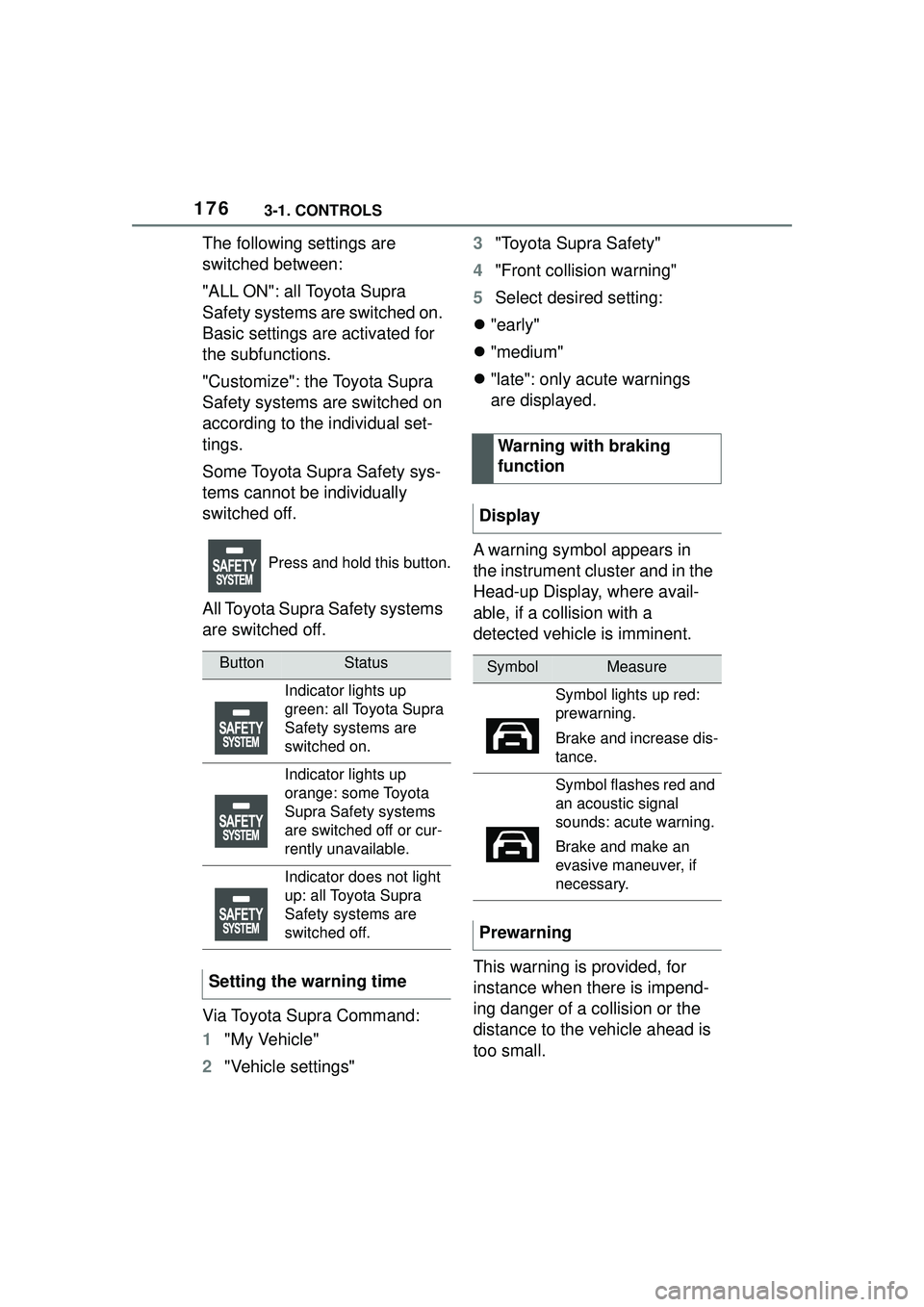 TOYOTA GR SUPRA 2022 Owners Manual 1763-1. CONTROLS
The following settings are
switched between:
"ALL ON": all Toyota Supra
Safety systems are switched on.
Basic settings are activated for
the subfunctions.
"Customize": the Toyota TOYOTA GR SUPRA 2022 Owners Manual 1763-1. CONTROLS
The following settings are
switched between:
"ALL ON": all Toyota Supra
Safety systems are switched on.
Basic settings are activated for
the subfunctions.
"Customize": the Toyota