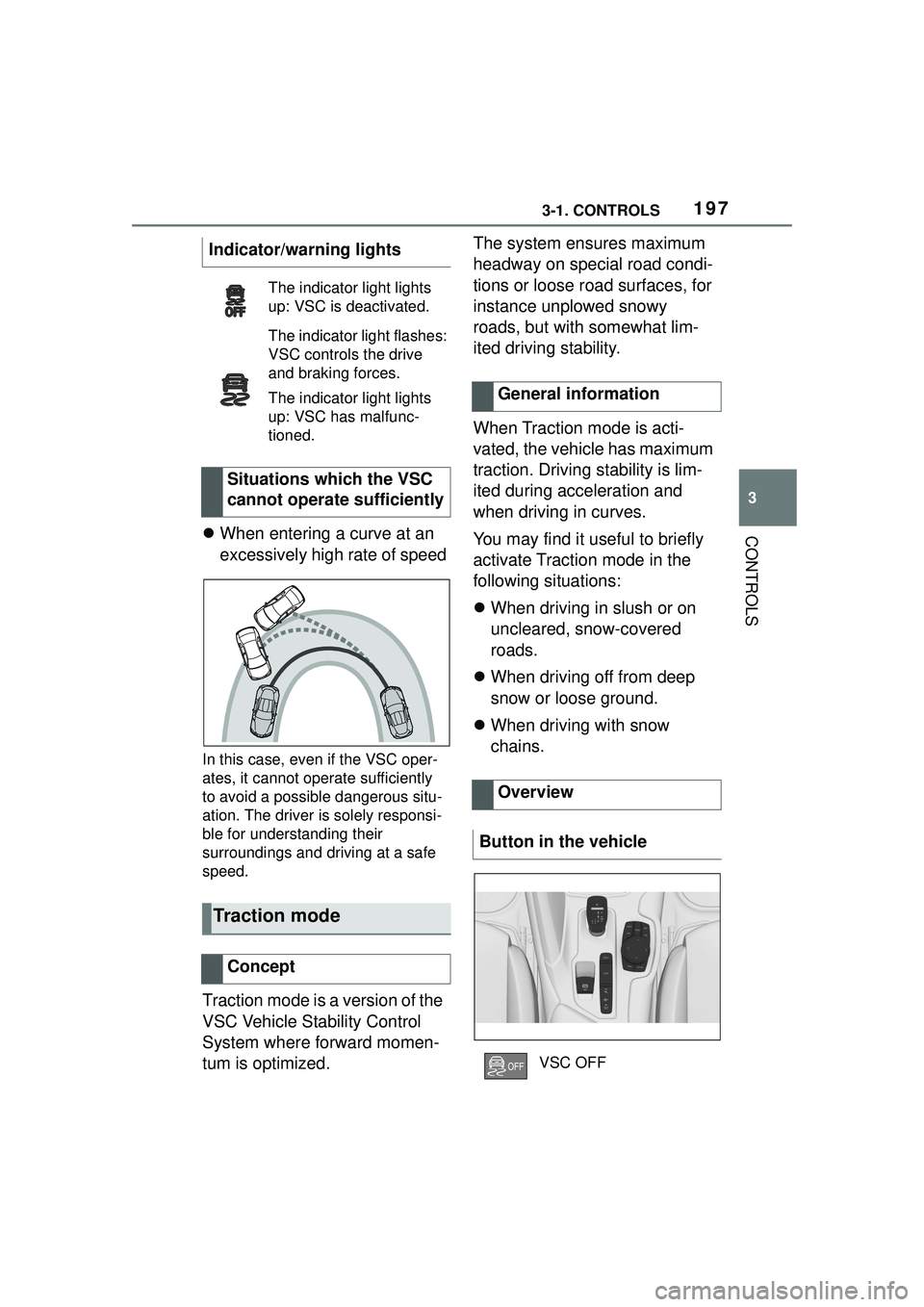 TOYOTA GR SUPRA 2022 Owners Manual 1973-1. CONTROLS
3
CONTROLSWhen entering a curve at an
excessively high rate of speed
In this case, even if the VSC oper-
ates, it cannot operate sufficiently
to avoid a possible dangerous situ-
TOYOTA GR SUPRA 2022 Owners Manual 1973-1. CONTROLS
3
CONTROLSWhen entering a curve at an
excessively high rate of speed
In this case, even if the VSC oper-
ates, it cannot operate sufficiently
to avoid a possible dangerous situ-