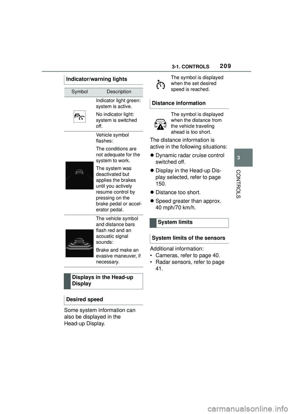 TOYOTA GR SUPRA 2022  Owners Manual 2093-1. CONTROLS
3
CONTROLS
Some system information can 
also be displayed in the 
Head-up Display.The distance information is 
active in the following situations:

Dynamic radar cruise control 
sw