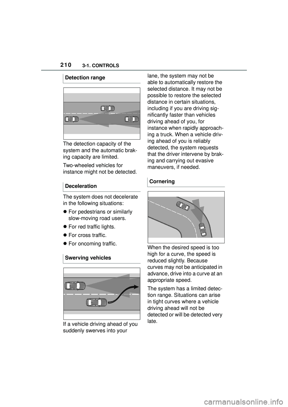 TOYOTA GR SUPRA 2022  Owners Manual 2103-1. CONTROLS
The detection capacity of the 
system and the automatic brak-
ing capacity are limited.
Two-wheeled vehicles for 
instance might not be detected.
The system does not decelerate 
in th