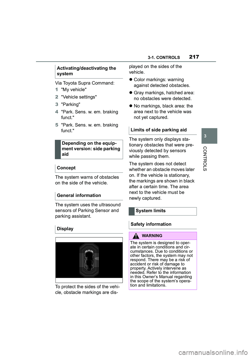 TOYOTA GR SUPRA 2022 Owners Manual 2173-1. CONTROLS
3
CONTROLS
Via Toyota Supra Command:
1"My vehicle"
2 "Vehicle settings"
3 "Parking"
4 "Park. Sens. w. em. braking
funct."
5 "Park. Sens. w. em. braking
funct."
The system warns of o TOYOTA GR SUPRA 2022 Owners Manual 2173-1. CONTROLS
3
CONTROLS
Via Toyota Supra Command:
1"My vehicle"
2 "Vehicle settings"
3 "Parking"
4 "Park. Sens. w. em. braking
funct."
5 "Park. Sens. w. em. braking
funct."
The system warns of o