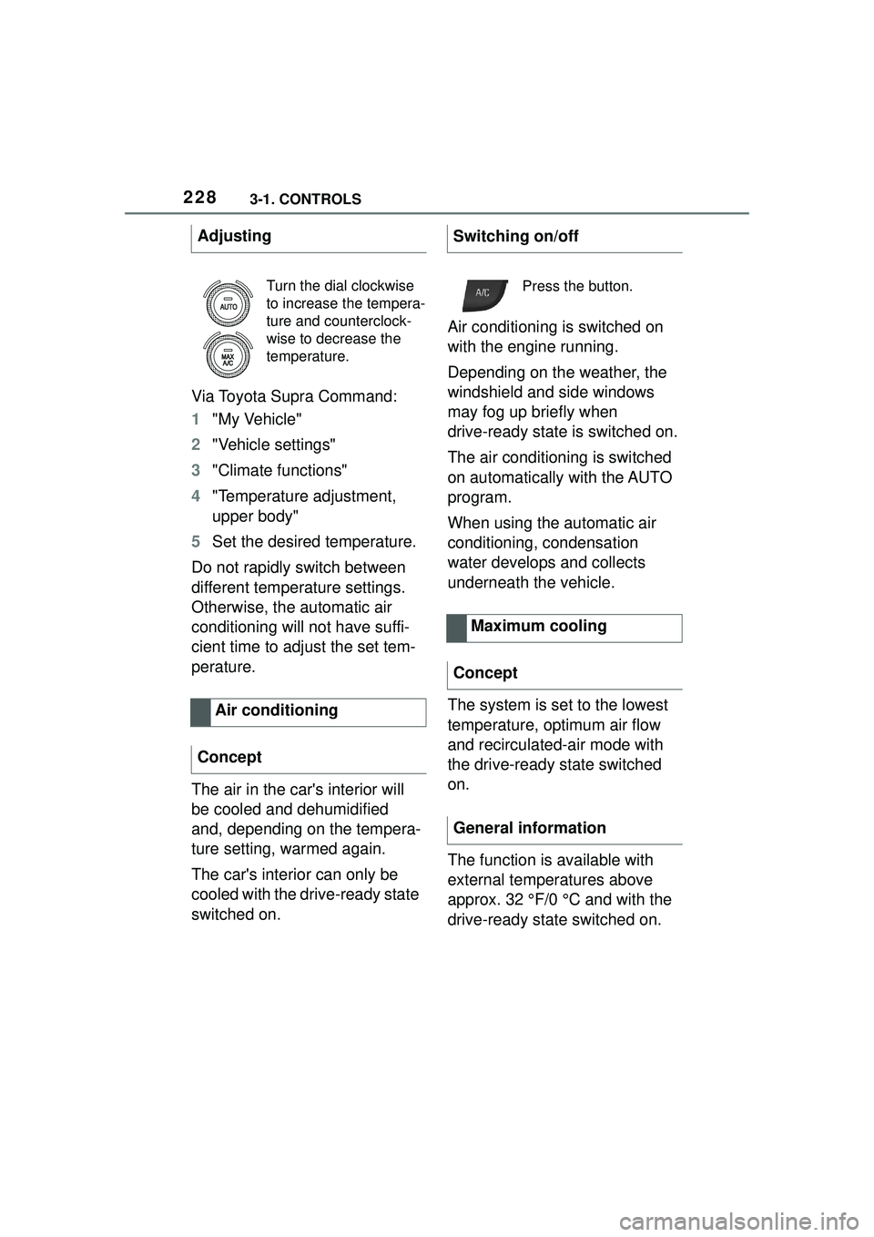 TOYOTA GR SUPRA 2022  Owners Manual 2283-1. CONTROLS
Via Toyota Supra Command:
1"My Vehicle"
2 "Vehicle settings"
3 "Climate functions"
4 "Temperature adjustment, 
upper body"
5 Set the desired temperature.
Do not rapidly switch between