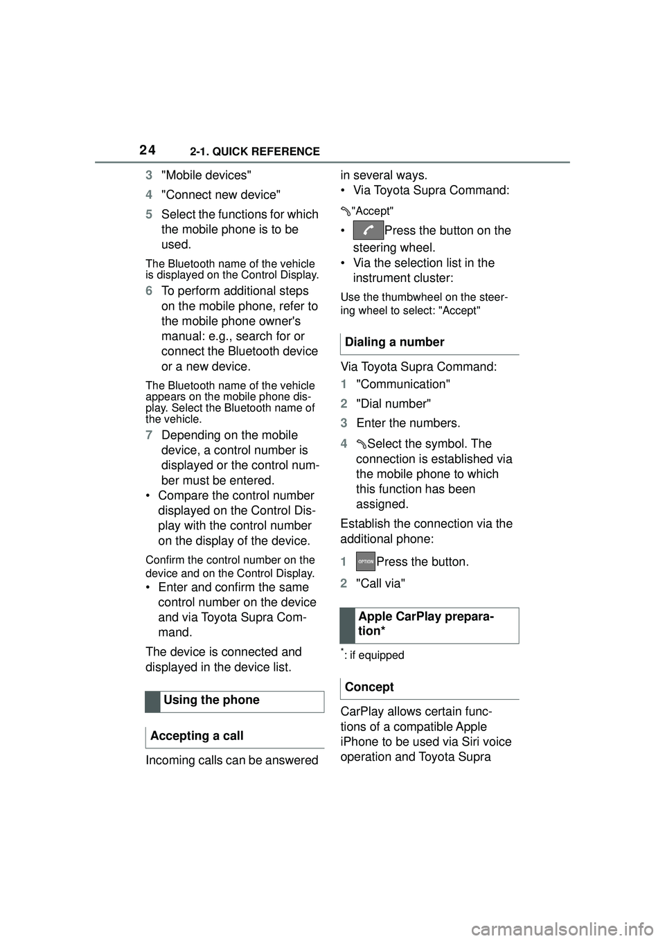 TOYOTA GR SUPRA 2022 Owners Manual 242-1. QUICK REFERENCE
3"Mobile devices"
4 "Connect new device"
5 Select the functions for which 
the mobile phone is to be 
used.
The Bluetooth name of the vehicle 
is displayed on the Control Displa