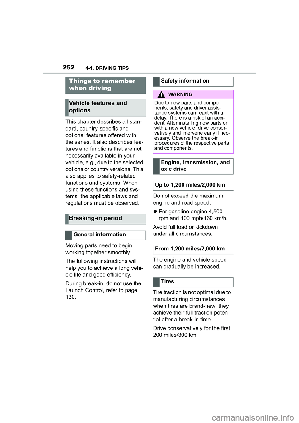 TOYOTA GR SUPRA 2022 Owners Manual 2524-1. DRIVING TIPS
4-1.DRIVING TIPS
This chapter describes all stan-
dard, country-specific and
optional features offered with
the series. It also describes fea-
tures and functions that are not
TOYOTA GR SUPRA 2022 Owners Manual 2524-1. DRIVING TIPS
4-1.DRIVING TIPS
This chapter describes all stan-
dard, country-specific and
optional features offered with
the series. It also describes fea-
tures and functions that are not