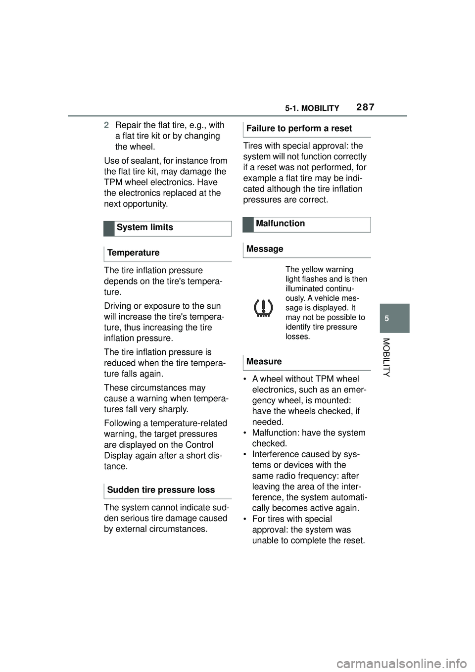 TOYOTA GR SUPRA 2022 Owners Manual 2875-1. MOBILITY
5
MOBILITY
2Repair the flat tire, e.g., with
a flat tire kit or by changing
the wheel.
Use of sealant, for instance from
the flat tire kit, may damage the
TPM wheel electronics. H TOYOTA GR SUPRA 2022 Owners Manual 2875-1. MOBILITY
5
MOBILITY
2Repair the flat tire, e.g., with
a flat tire kit or by changing
the wheel.
Use of sealant, for instance from
the flat tire kit, may damage the
TPM wheel electronics. H