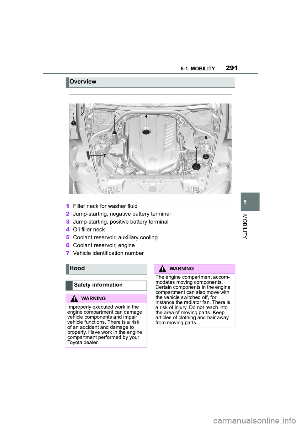 TOYOTA GR SUPRA 2022 Owners Manual 2915-1. MOBILITY
5
MOBILITY
1Filler neck for washer fluid
2 Jump-starting, negative battery terminal
3 Jump-starting, positive battery terminal
4 Oil filler neck
5 Coolant reservoir, auxiliary cooling TOYOTA GR SUPRA 2022 Owners Manual 2915-1. MOBILITY
5
MOBILITY
1Filler neck for washer fluid
2 Jump-starting, negative battery terminal
3 Jump-starting, positive battery terminal
4 Oil filler neck
5 Coolant reservoir, auxiliary cooling